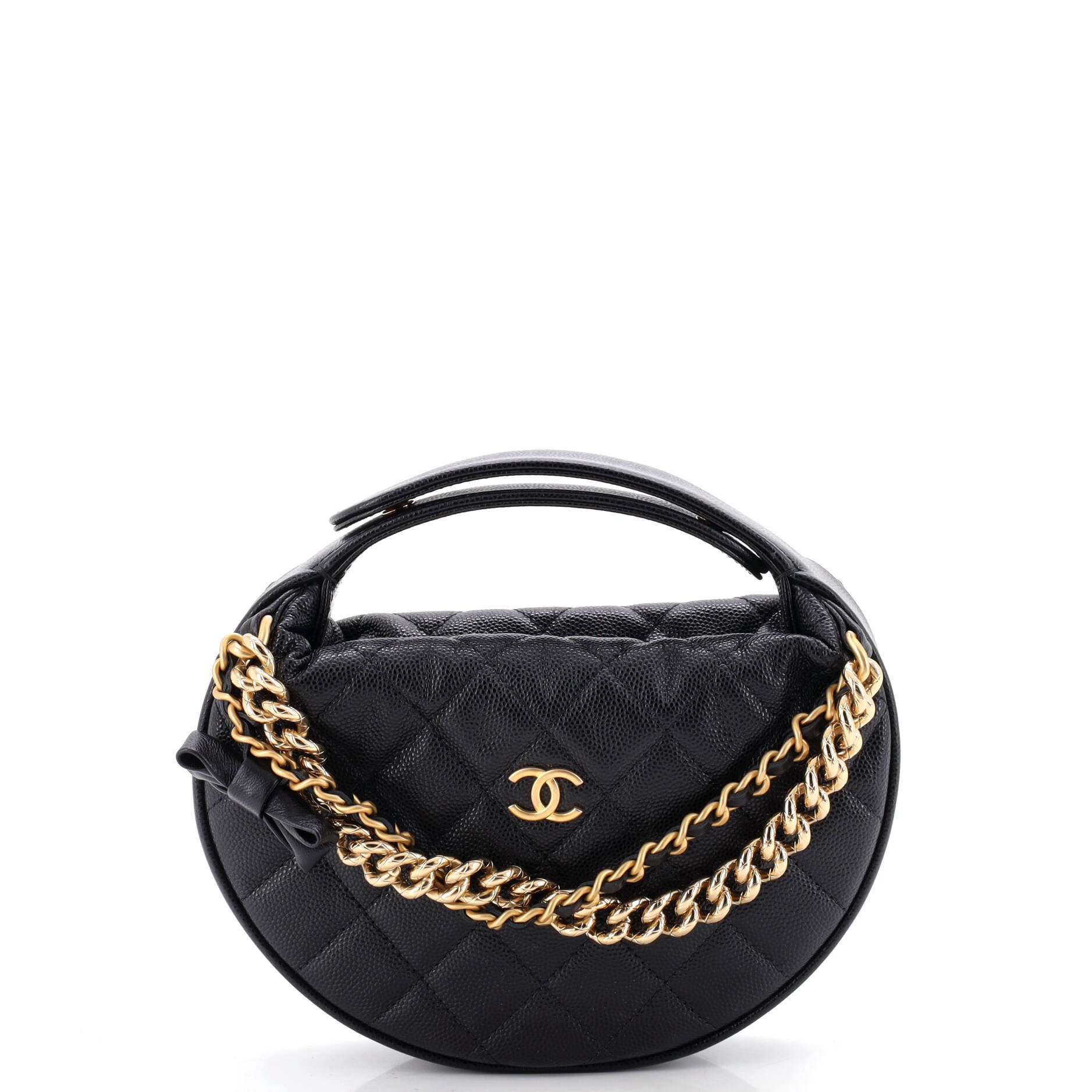 Double Chain Bow Hobo Pouch Quilted Caviar Mini