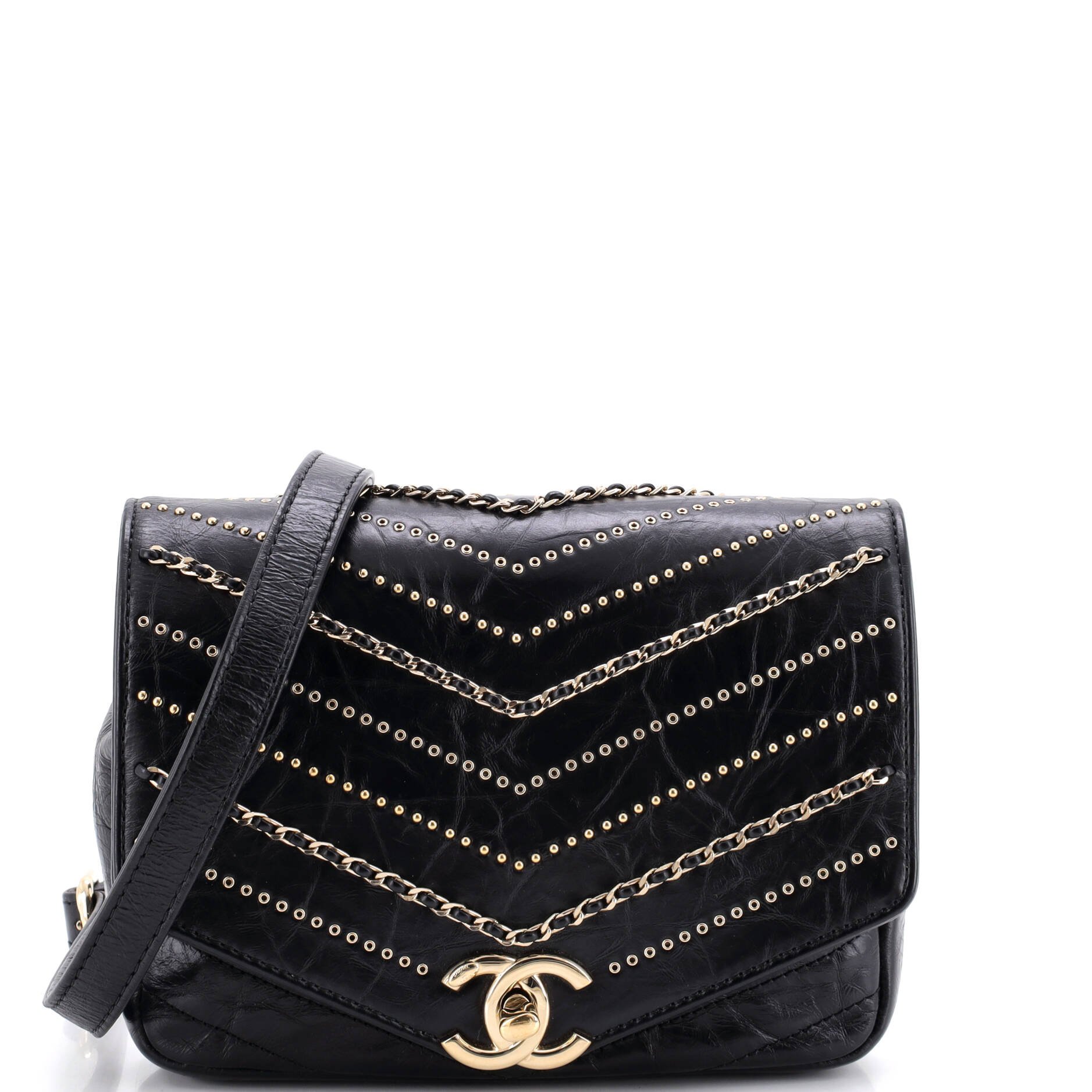 Envelope Square Chain Flap Bag Chevron Embellished Calfskin Mini