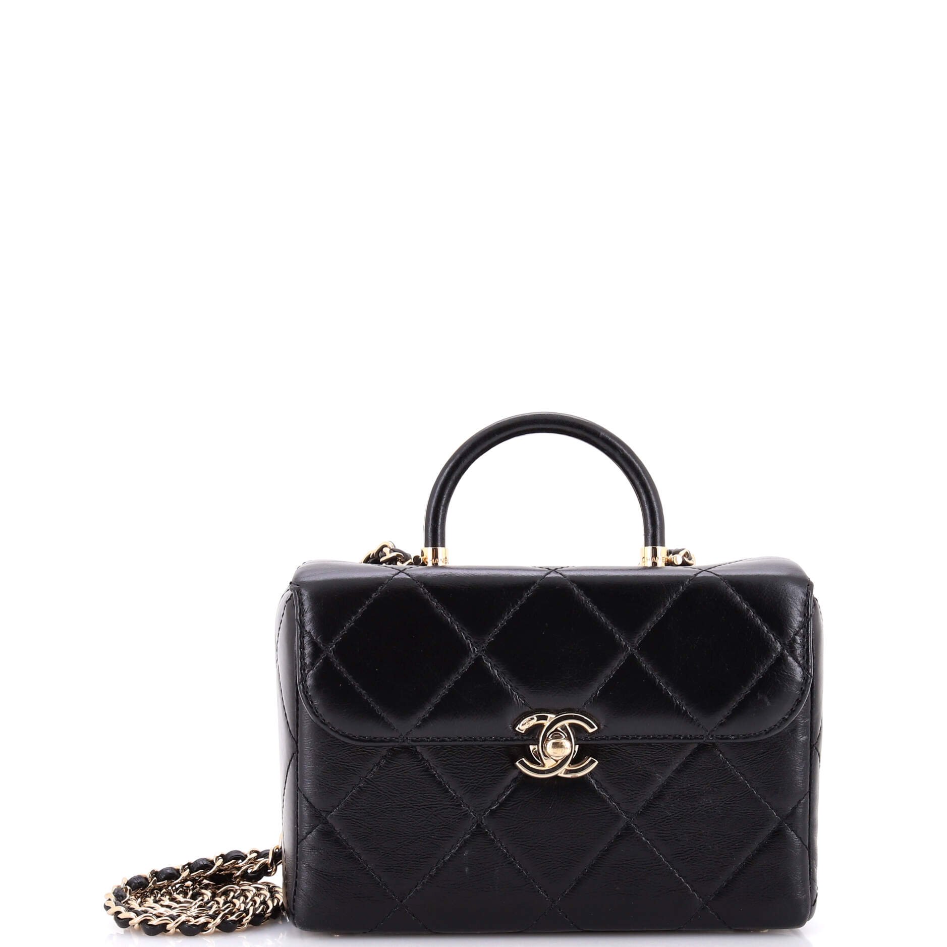 CC Top Handle Flap Vanity Case Quilted Shiny Aged Calfskin Small