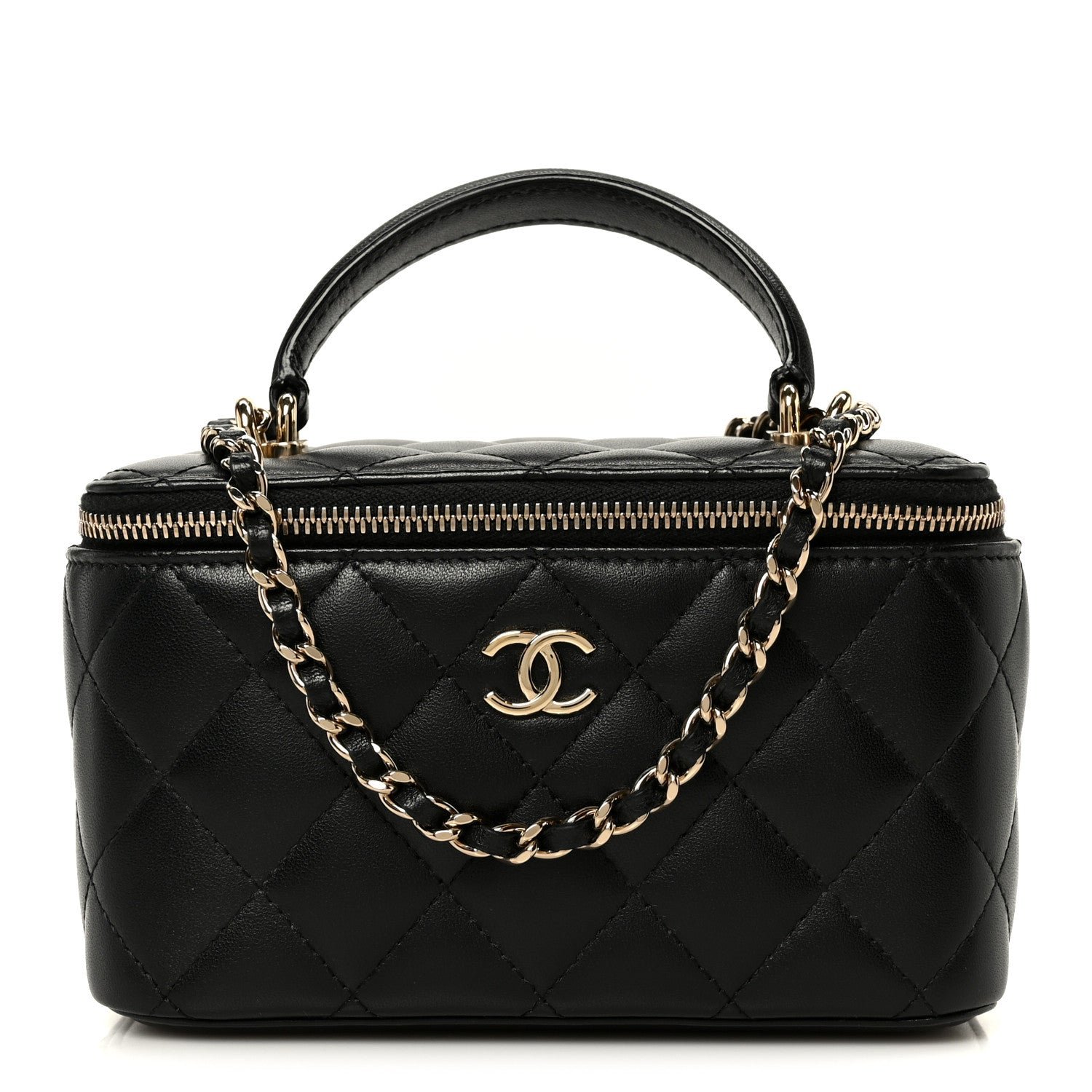Chanel Lambskin Quilted Small Top Handle Vanity Case With Chain Black