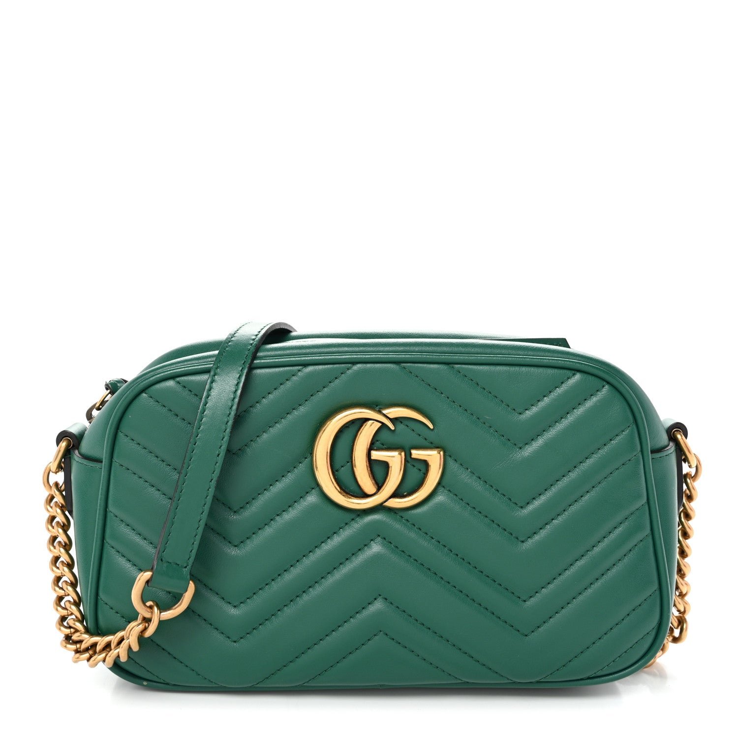 Gucci Calfskin Matelasse Small GG Marmont Chain Shoulder Bag Emerald Green