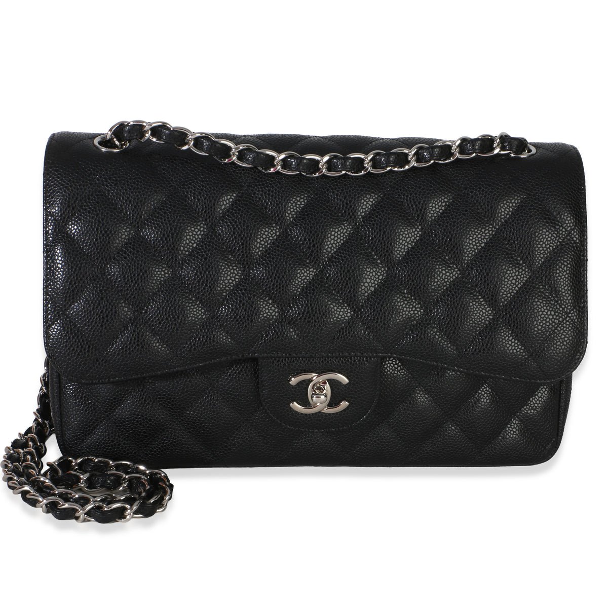 Black Quilted Caviar Jumbo Double Flap Handbag