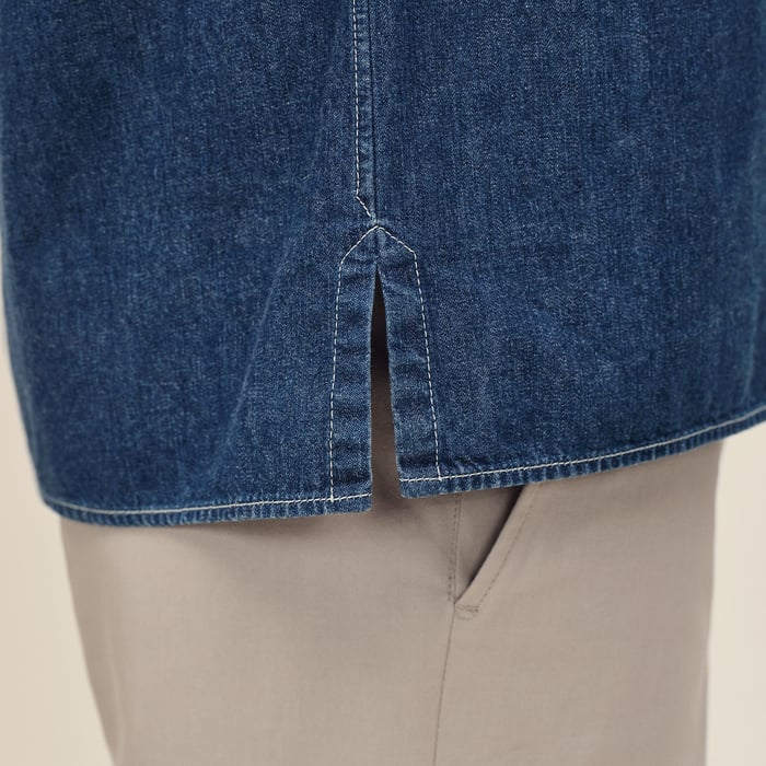 Indigo Lavé Short-sleeve Straight Cut Shirt With Notched Collar