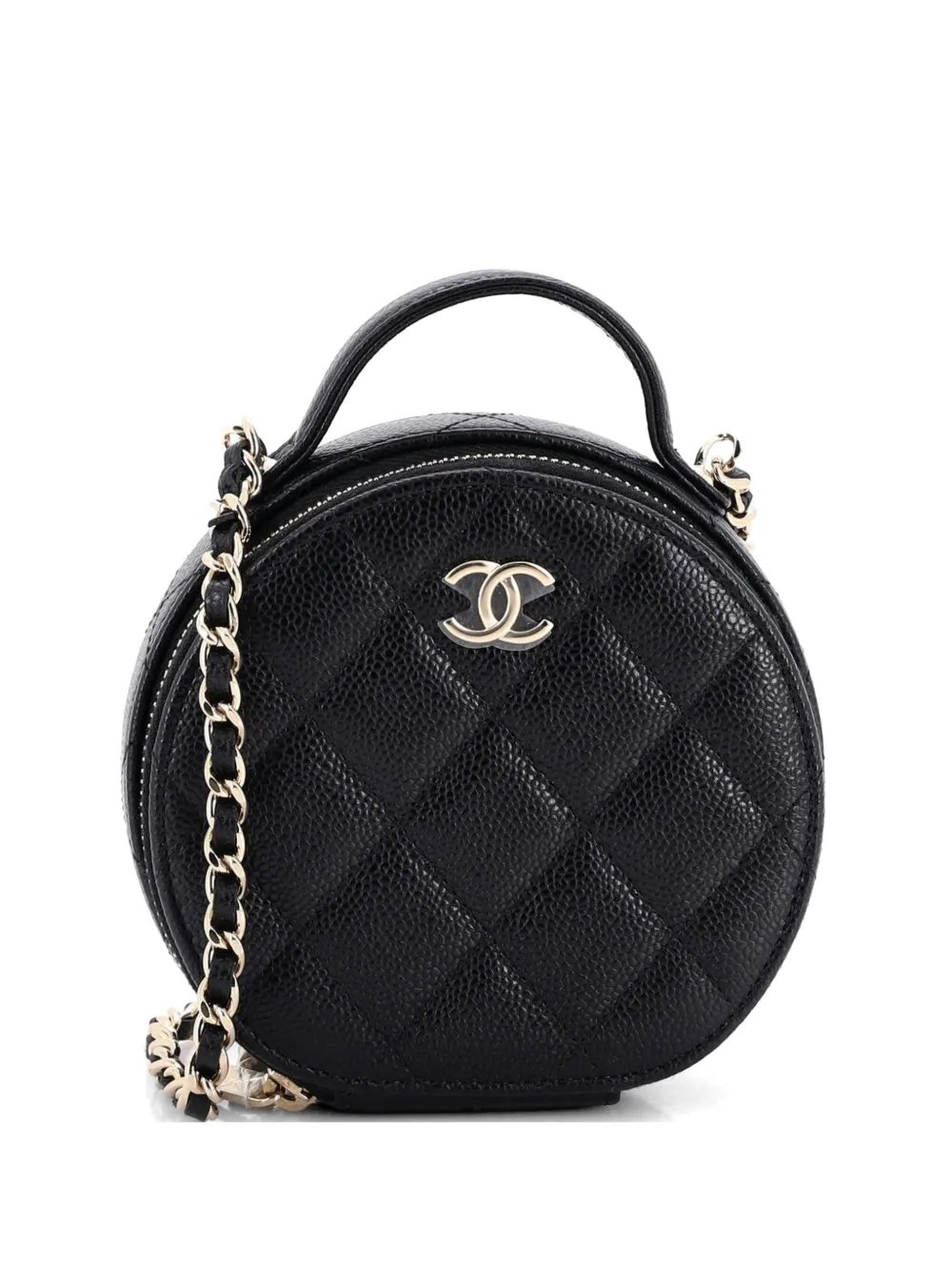 Handle with Care Round Vanity Case with Chain Quilted Caviar Small crossbody bag