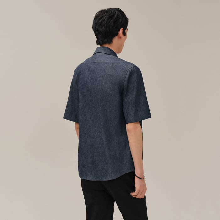 Indigo Short-sleeve Straight Cut Denim Shirt With Detail