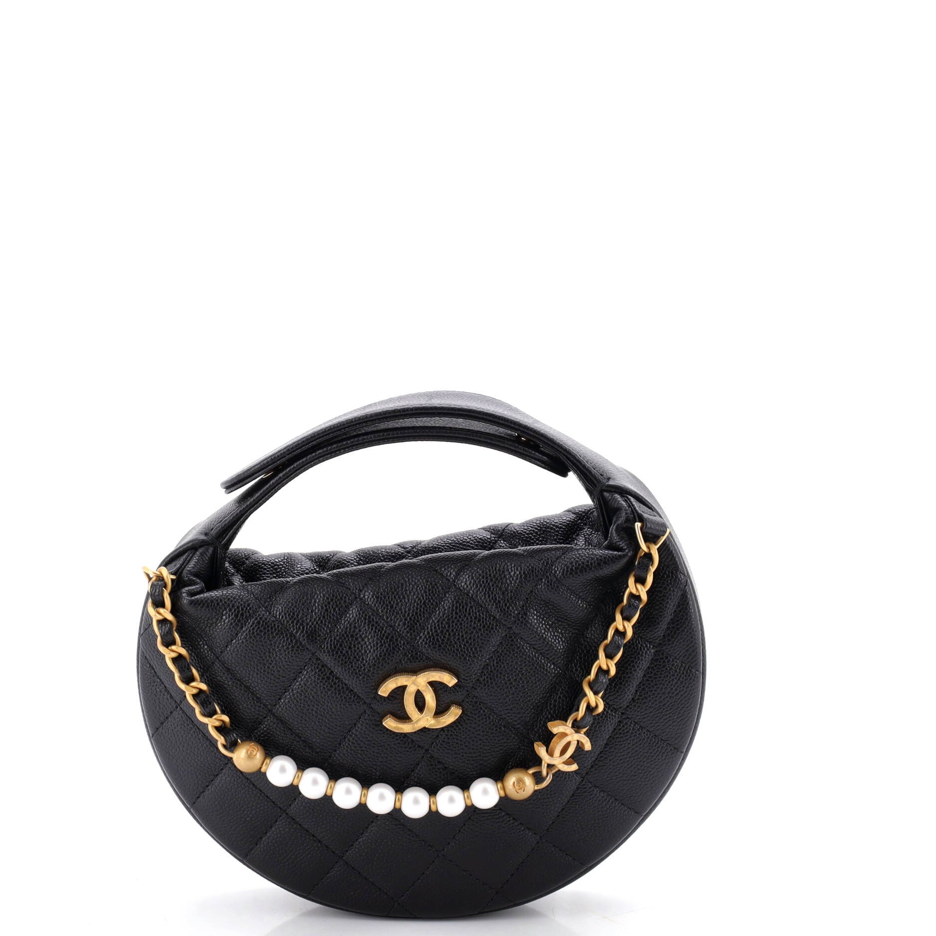 Single Pearl Chain Hobo Pouch Quilted Caviar