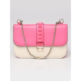 Valentino Valentino Pink/White Smooth Leather Rockstud Glam Lock Medium Flap Bag	