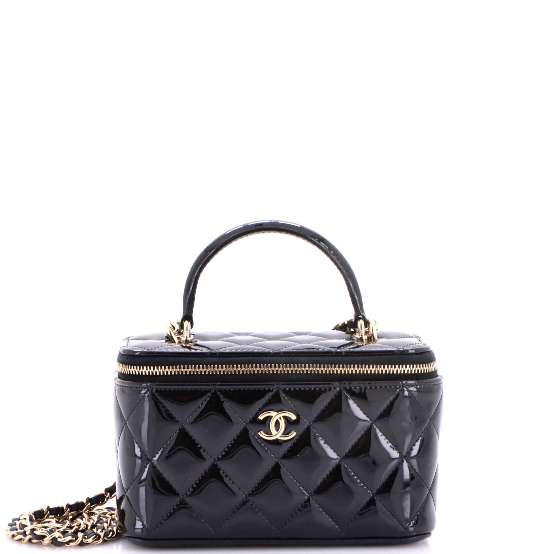 Classic Top Handle Vanity Case with Chain Quilted Patent Small
