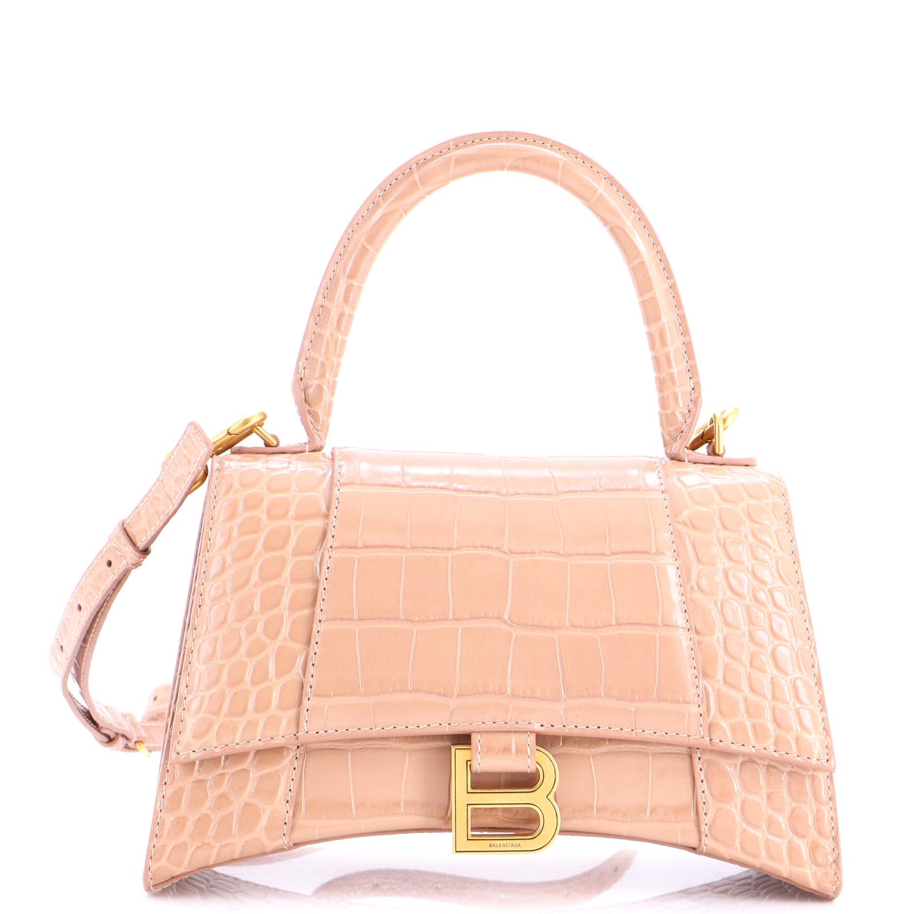 Hourglass Top Handle Bag Crocodile Embossed Leather Small
