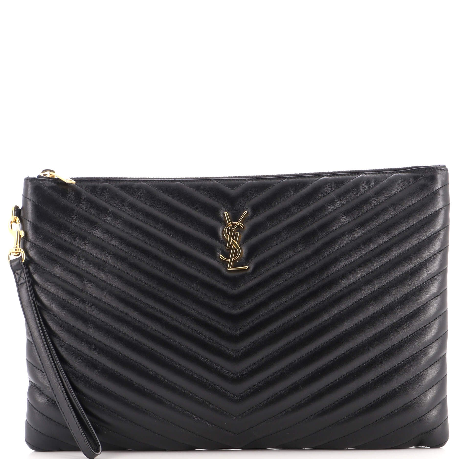 Classic Monogram Wristlet Pouch Matelasse Chevron Leather Large