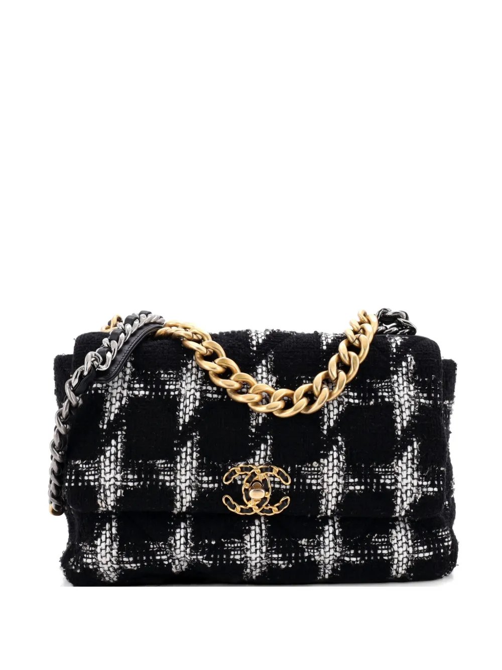 19 Flap Bag Quilted Houndstooth Tweed and Ribbon Large crossbody bag