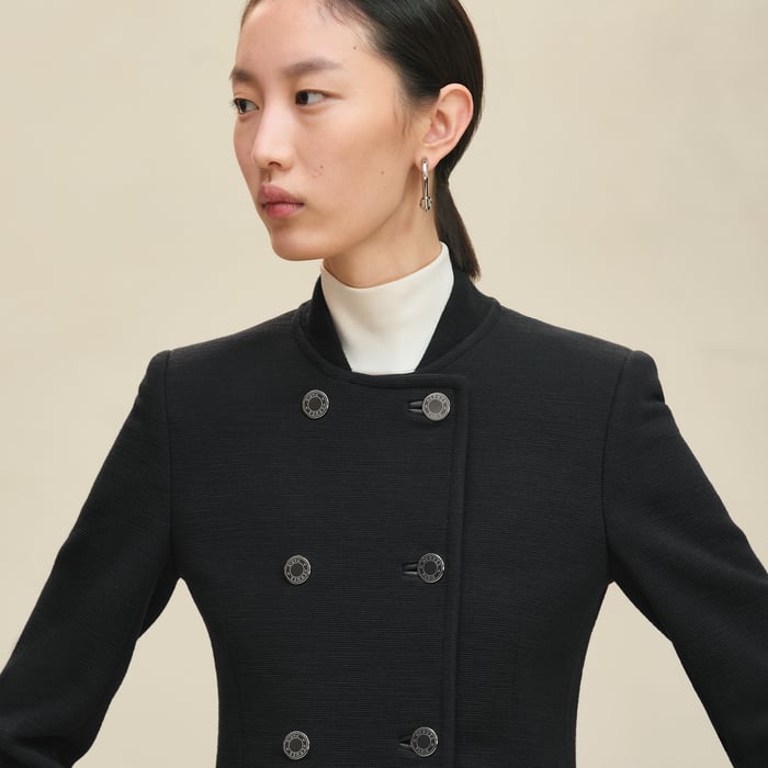 Noir Short Pea Coat With Leather Details
