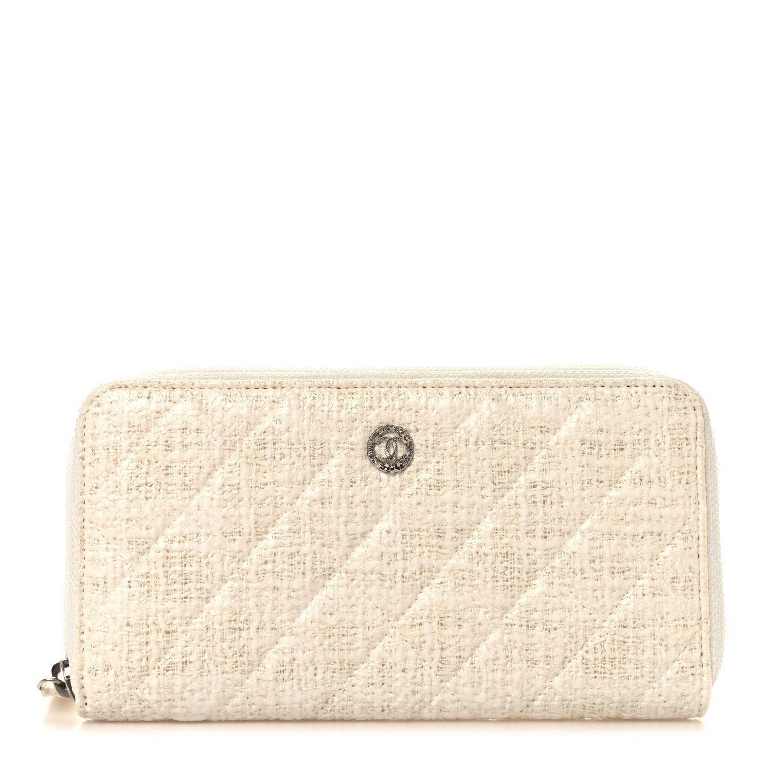 Chanel Tweed Coating Quilted Zip Around Wallet  White