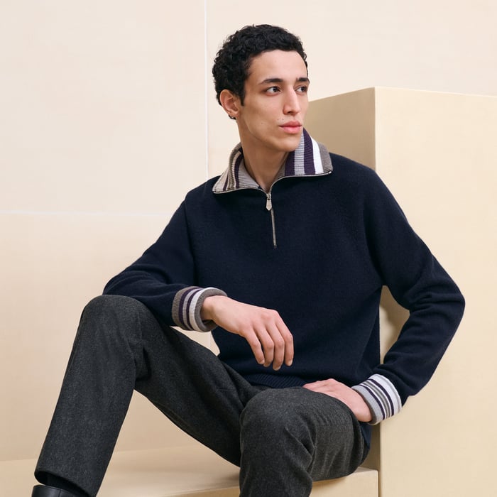 Marine Cashmere "Rayures Asymetriques" Polo Sweater