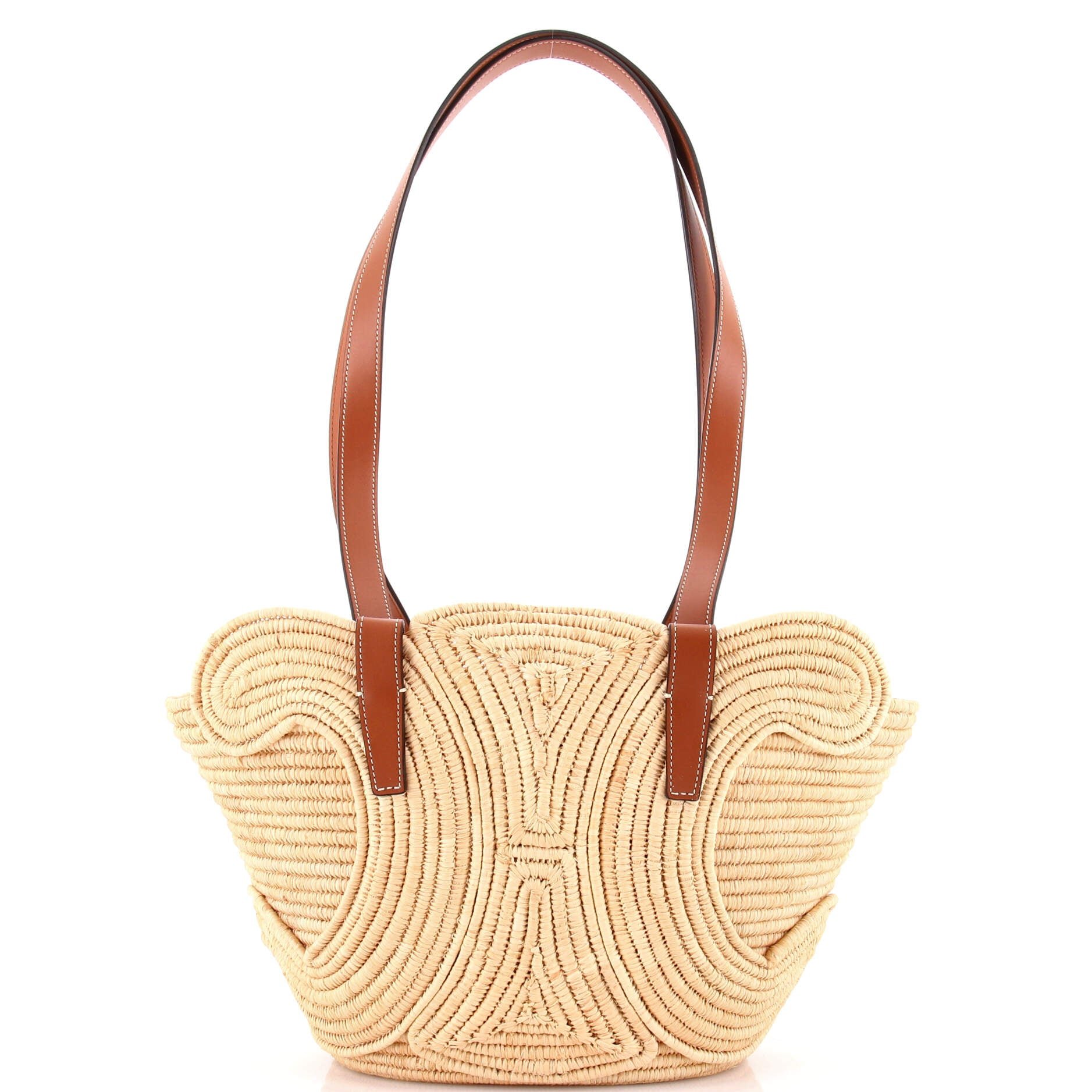 Triomphe Basket Shoulder Bag Braided Raffia and Leather Small