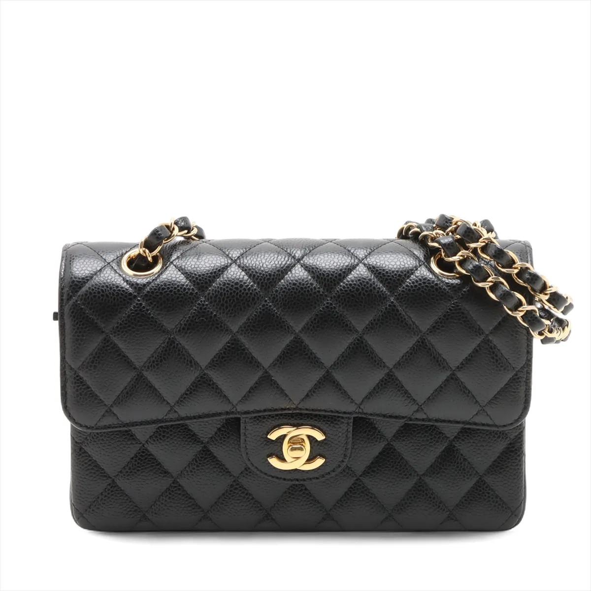 Chanel Matelasse 23 Small Caviar Skin Double Flap Double Chain Bag Black Gold Me