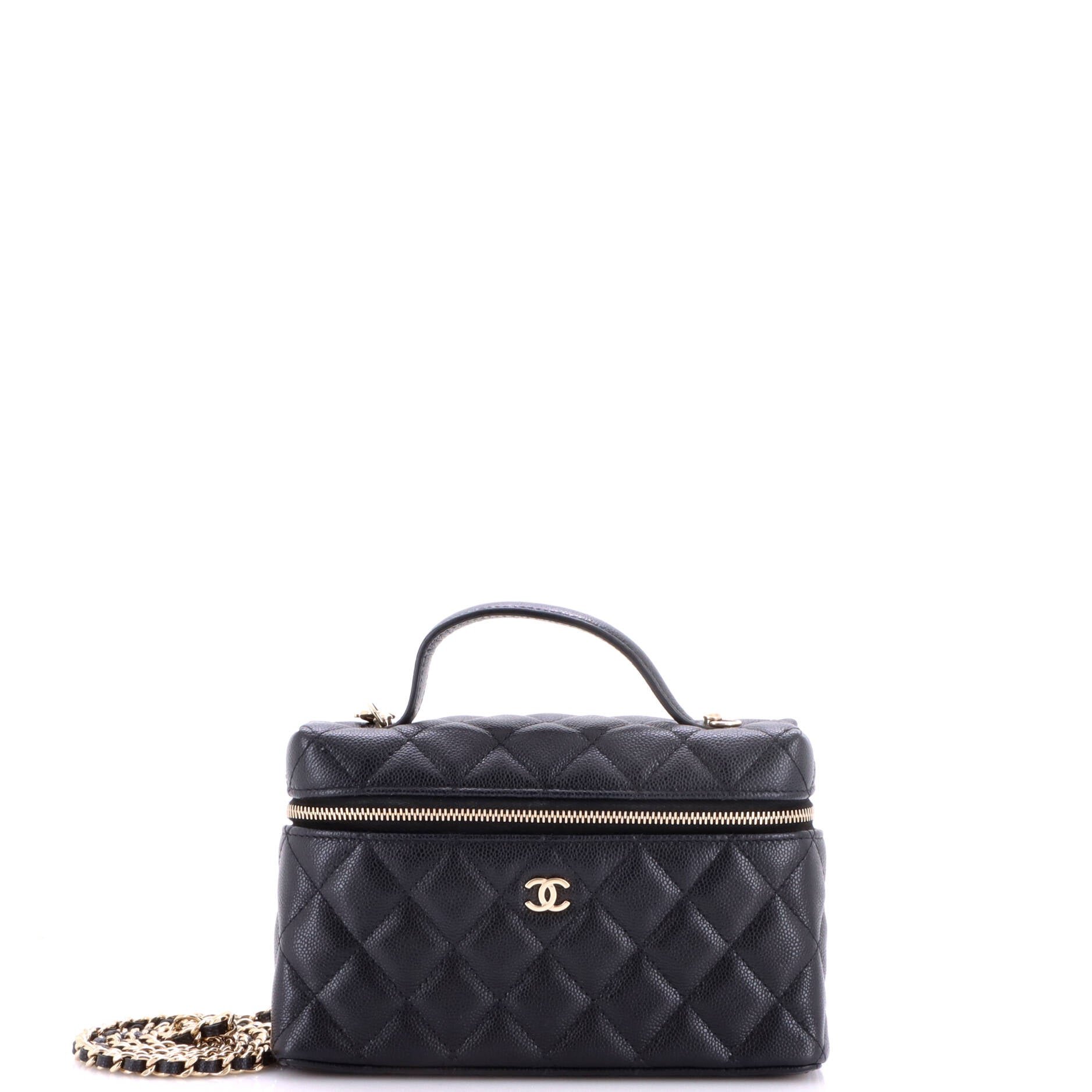 Classic Top Handle Slim Vanity Case with Chain Quilted Caviar Small