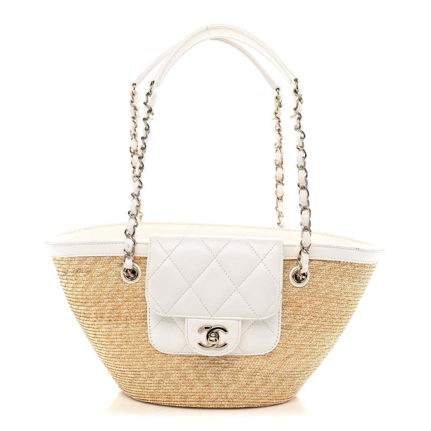 Chanel Raffia Braided Lambskin Small Shopping Tote Beige White