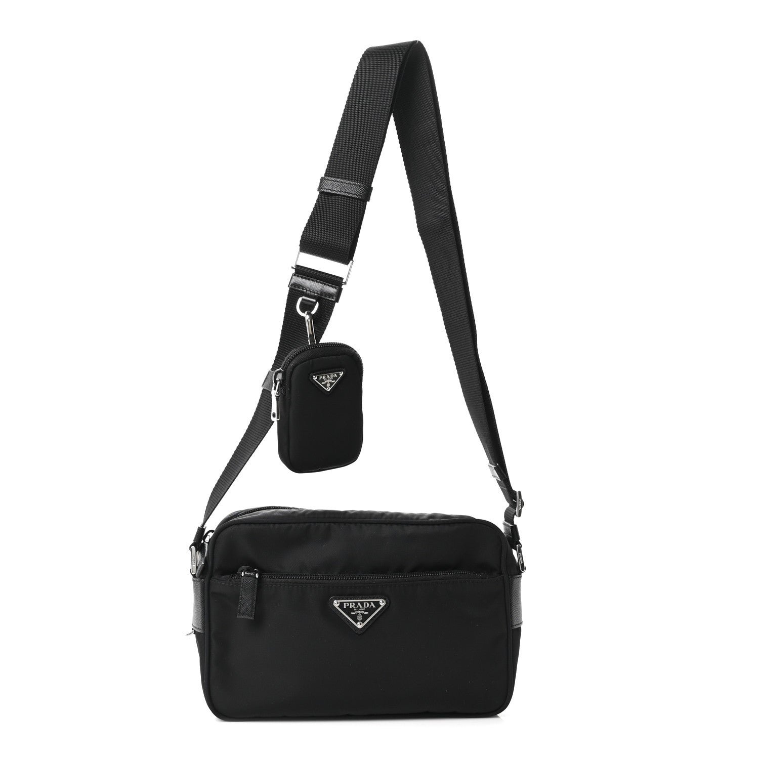 Prada Re-Nylon Vela Saffiano Pocket Double Zip Shoulder Bag Black Black