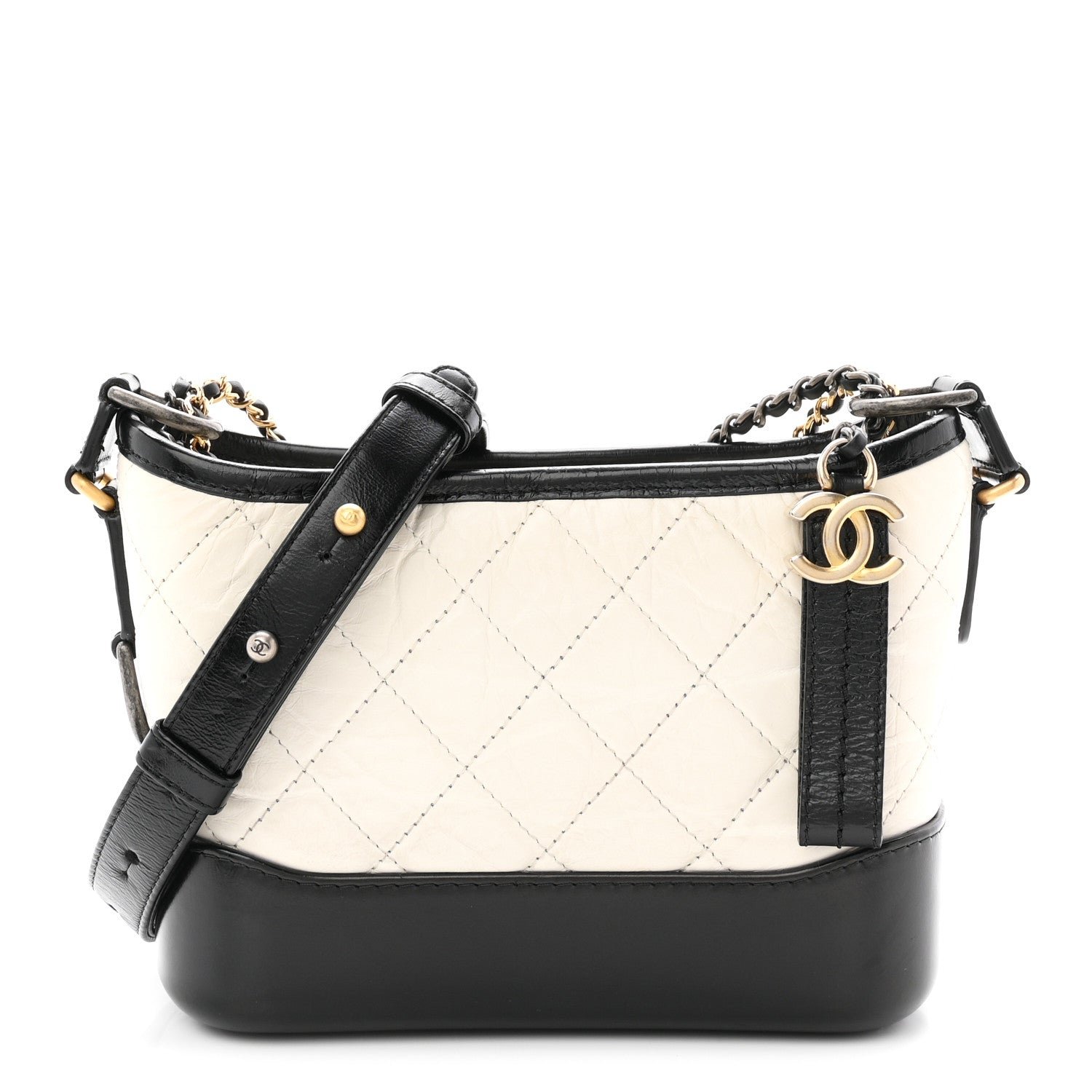 Chanel Aged Calfskin Quilted Small Gabrielle Hobo Black White