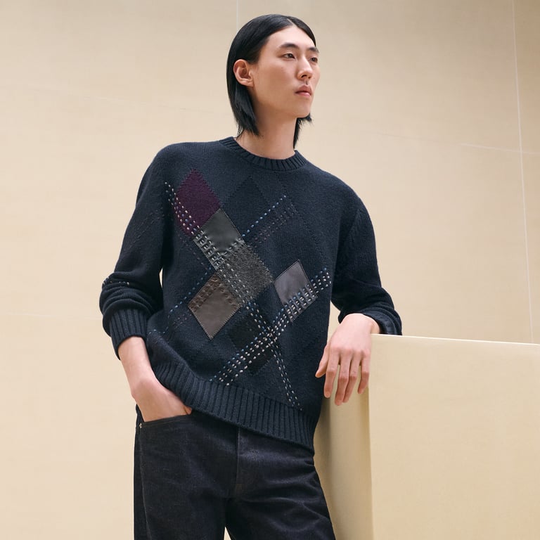 Cashmere "Argyle brode cuir" crewneck sweater