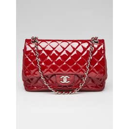 Chanel Chanel Red Quilted Patent Leather Classic Jumbo Double Flap Bag