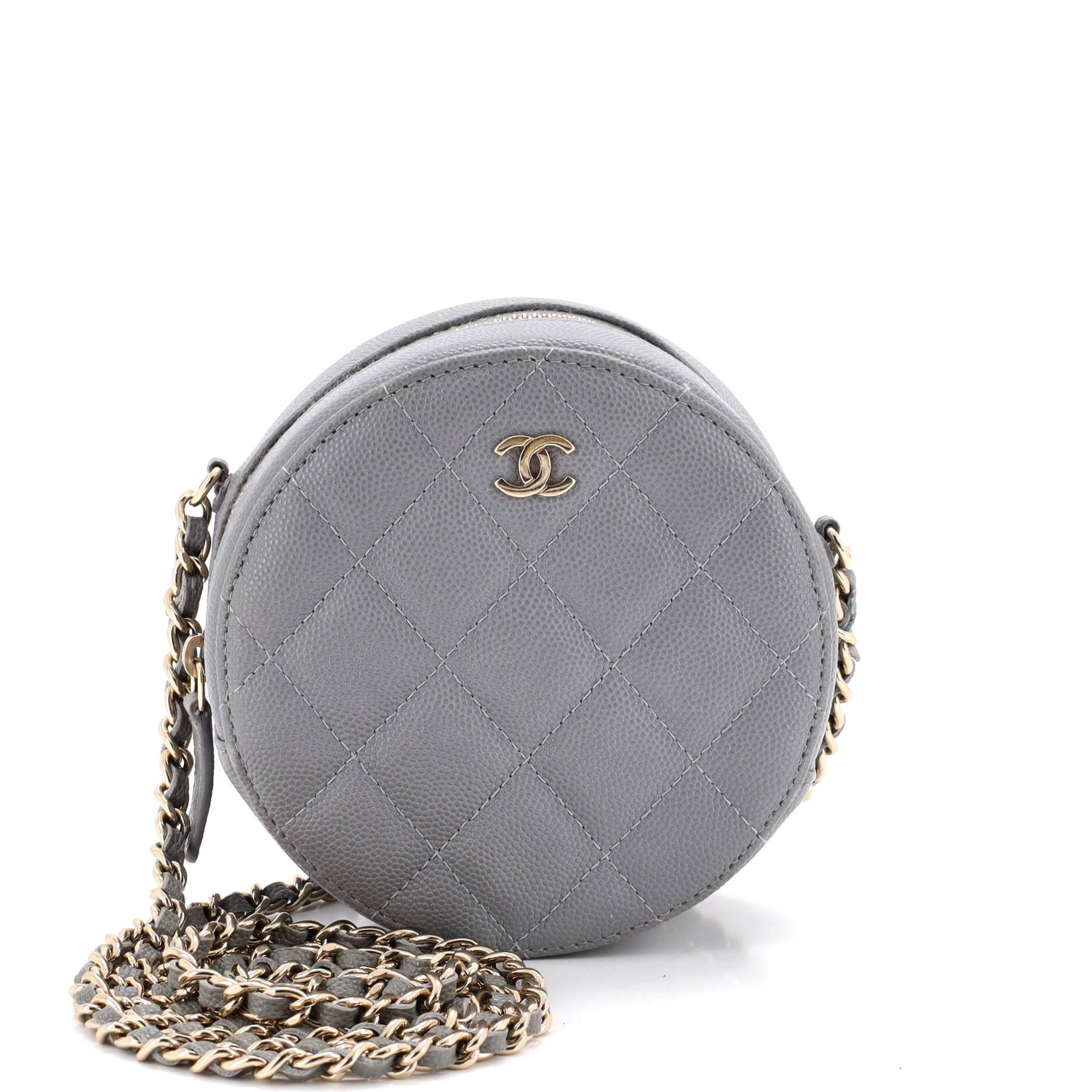 Round Clutch with Chain Quilted Caviar Mini