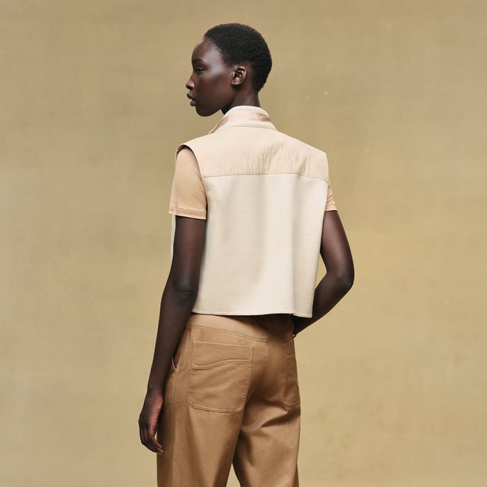 Blanc Marbre Mixed Materials Sleeveless Jacket
