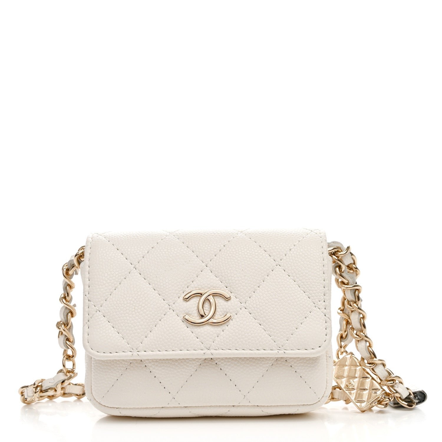 Chanel Caviar Quilted Belt Bag With Charms On Chain White
