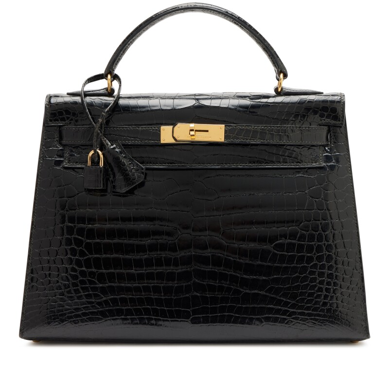 Hermes Vintage Black Shiny Porosus Crocodile Sellier Kelly 32 Gold Hardware, 1994