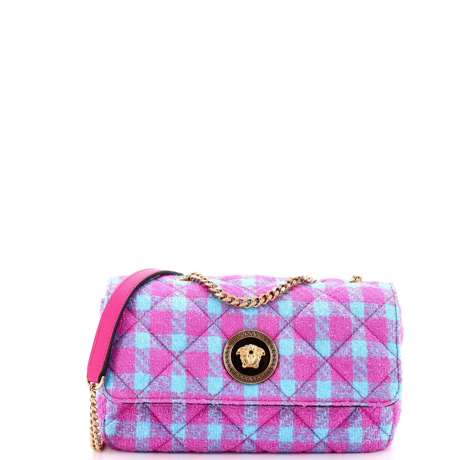 Versace Medusa Icon Chain Flap Bag Quilted Tweed East West