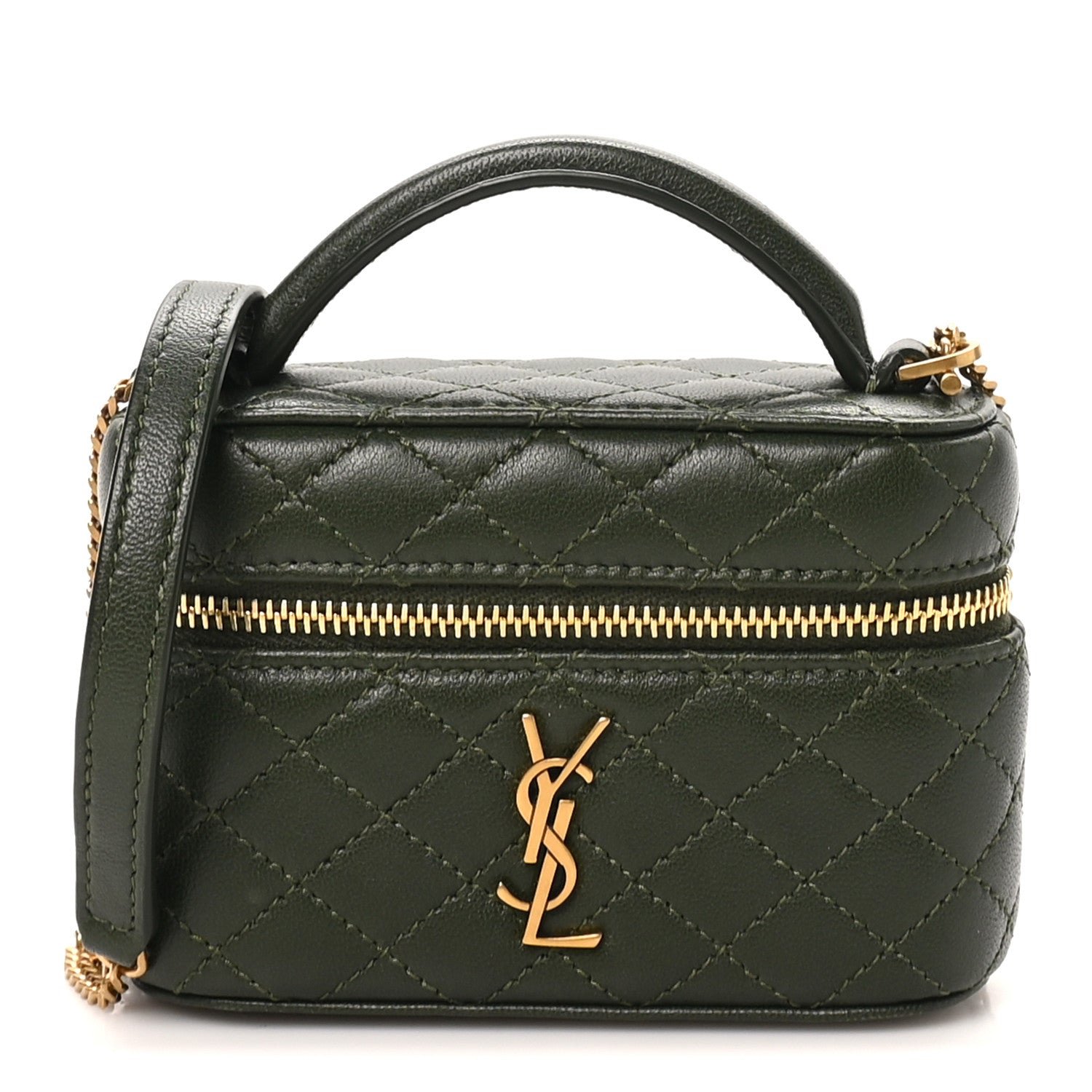 Saint Laurent Lambskin Quilted Mini Gaby Vanity Case Olive Wood