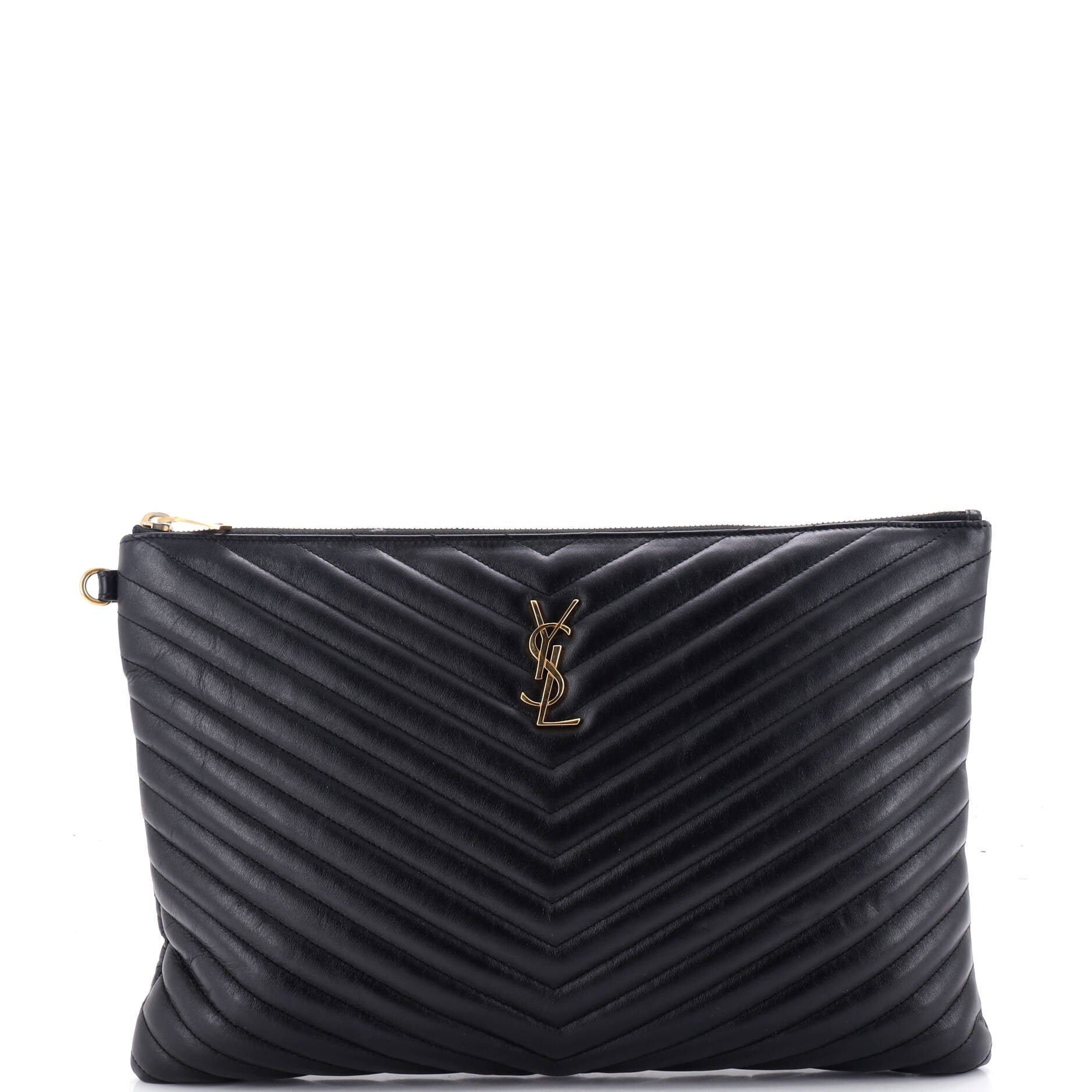 Classic Monogram Wristlet Pouch Matelasse Chevron Leather Large