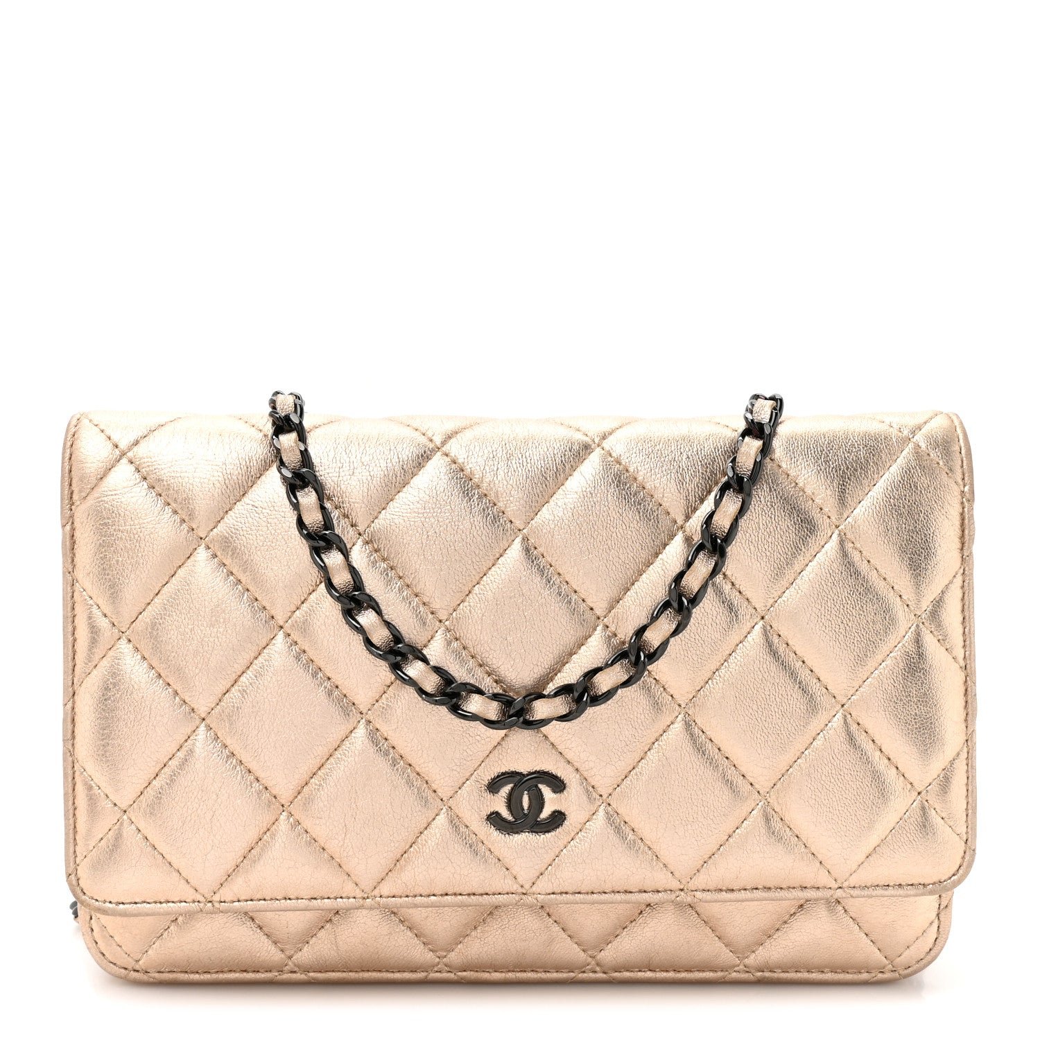 Chanel Metallic Lambskin Quilted Wallet On Chain WOC Gold Black
