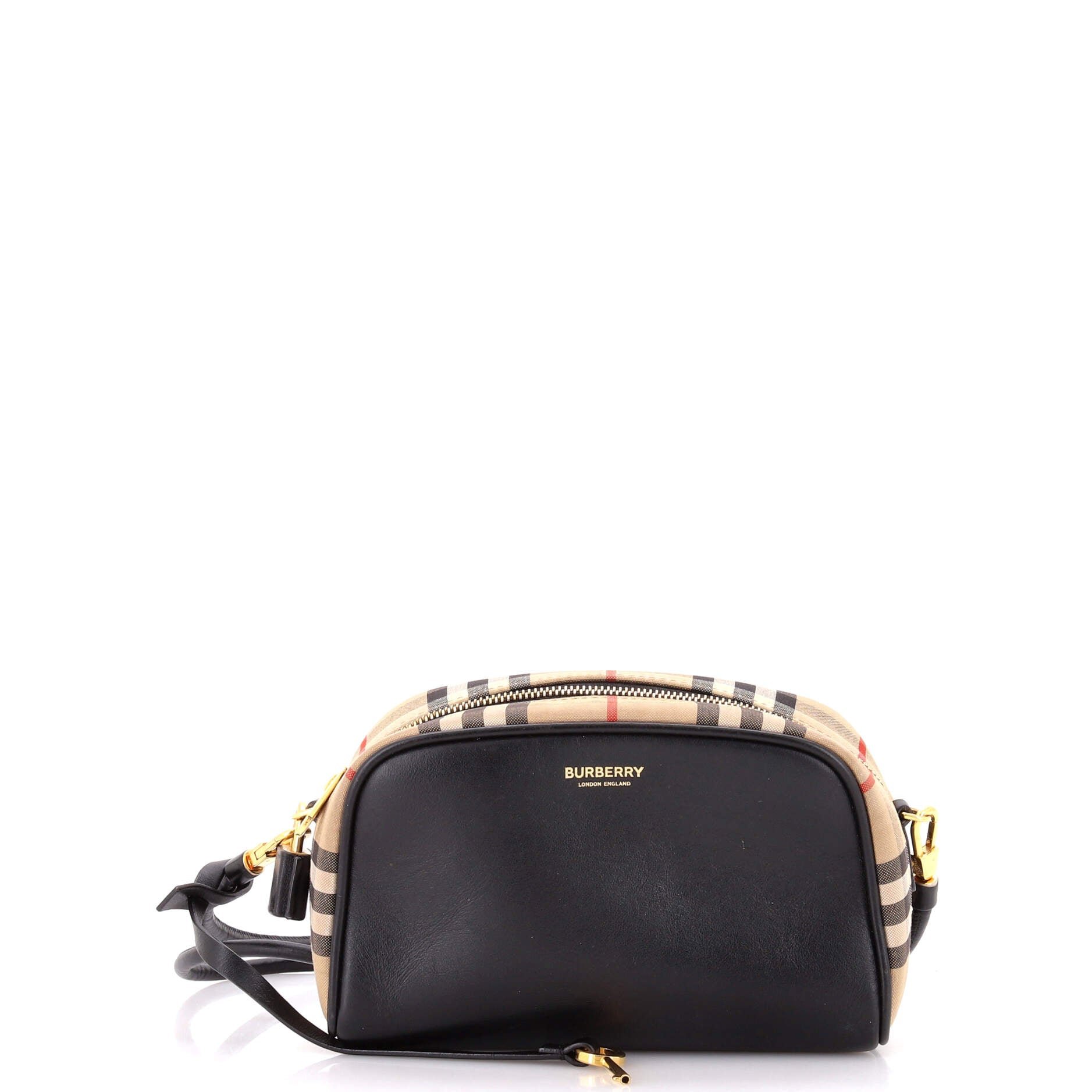 Half Cube Crossbody Bag Leather with Vintage Check Canvas Small