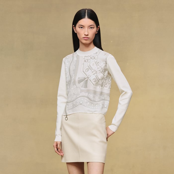Gris Perle "Aux Champs En Fleurs Raye" Long-sleeve Twillaine Sweater