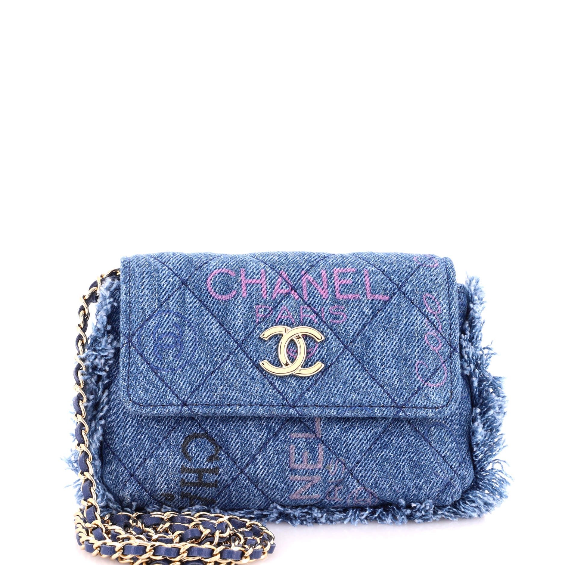 Denim Mood Flap Clutch with Chain Logo Printed Quilted Fringe Denim