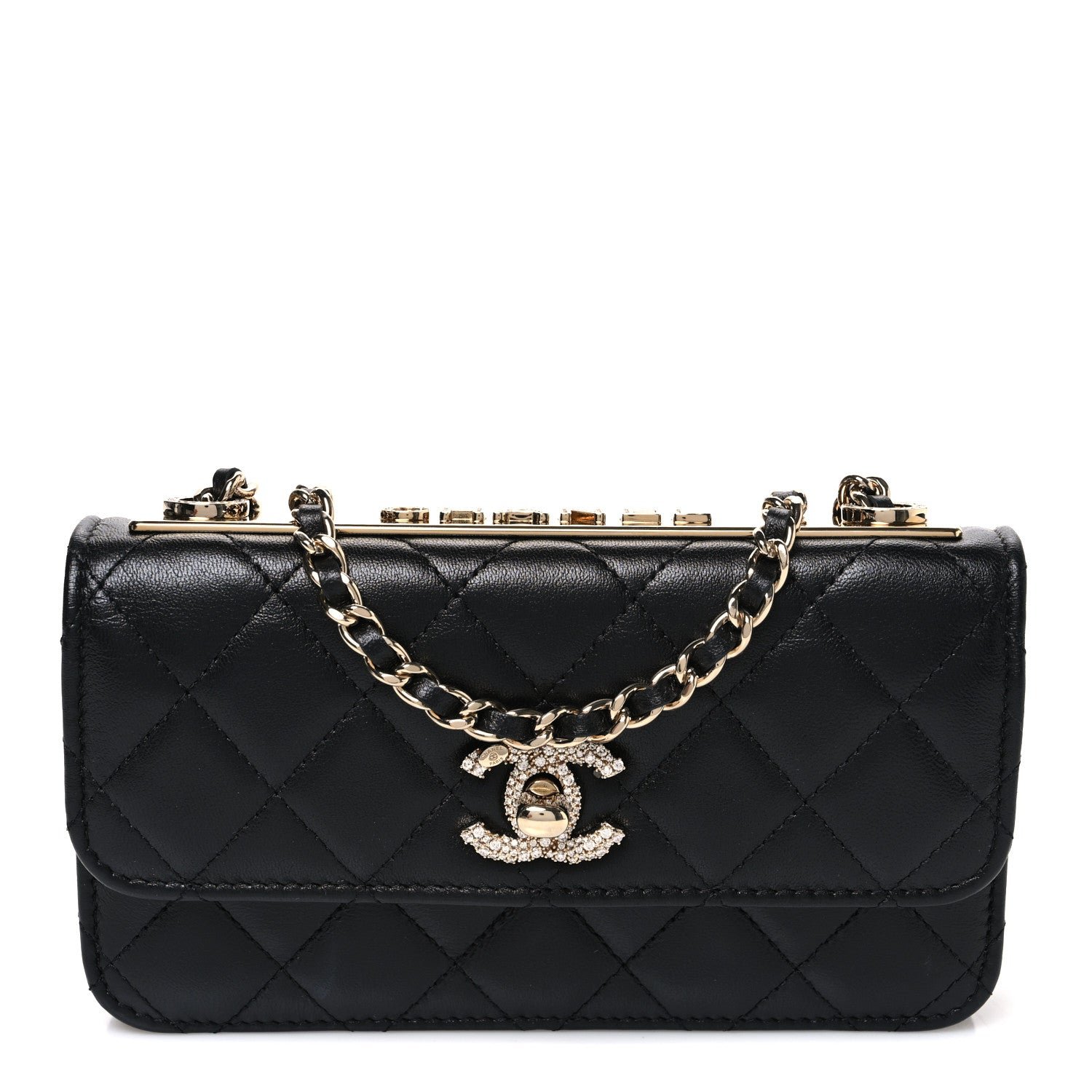 Chanel Lambskin Crystal Quilted Trendy CC Flap Phone Holder With Chain Black