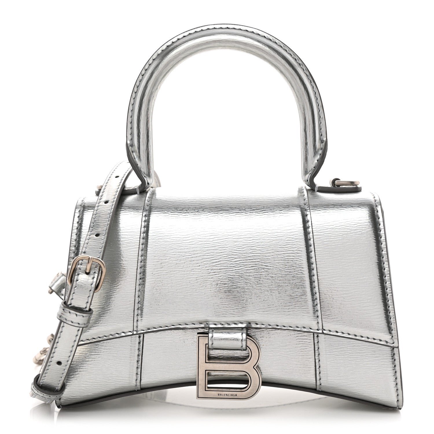 Balenciaga Metallic Textured Calfskin Hourglass Top Handle Bag XS Silver