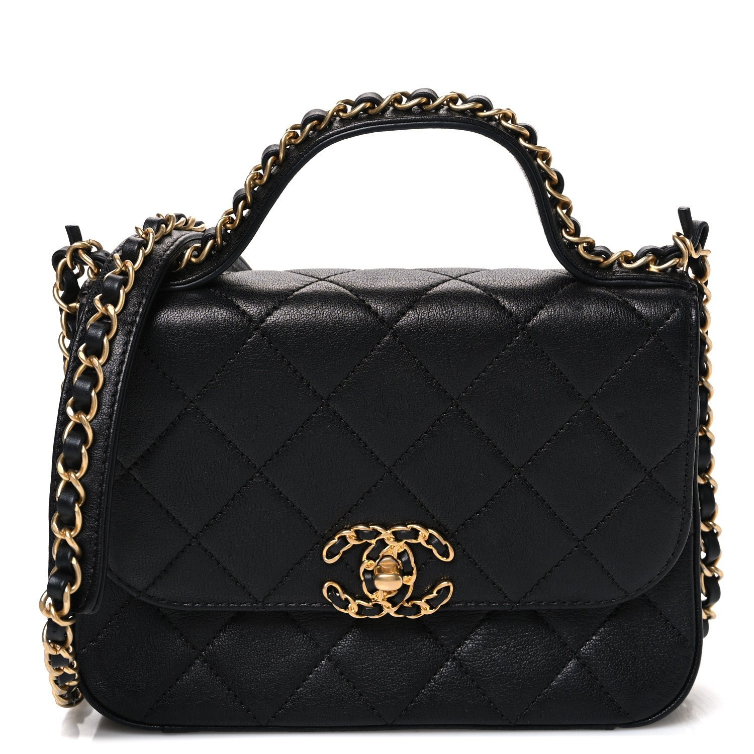 Lambskin Quilted Small Chain Infinity Top Handle Flap Black