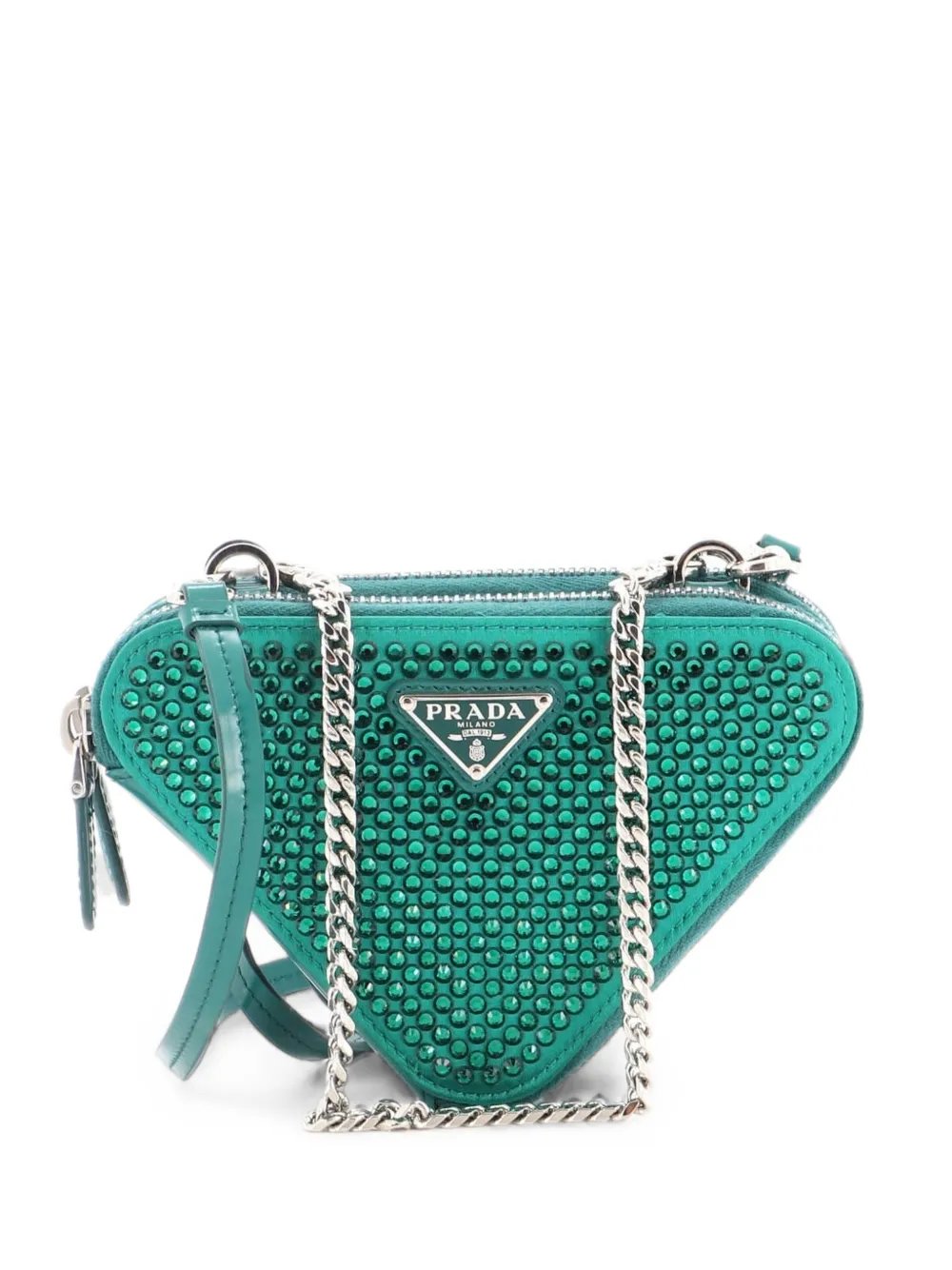 Triangle Double Pouch Crystal Embellished Satin Mini crossbody bag