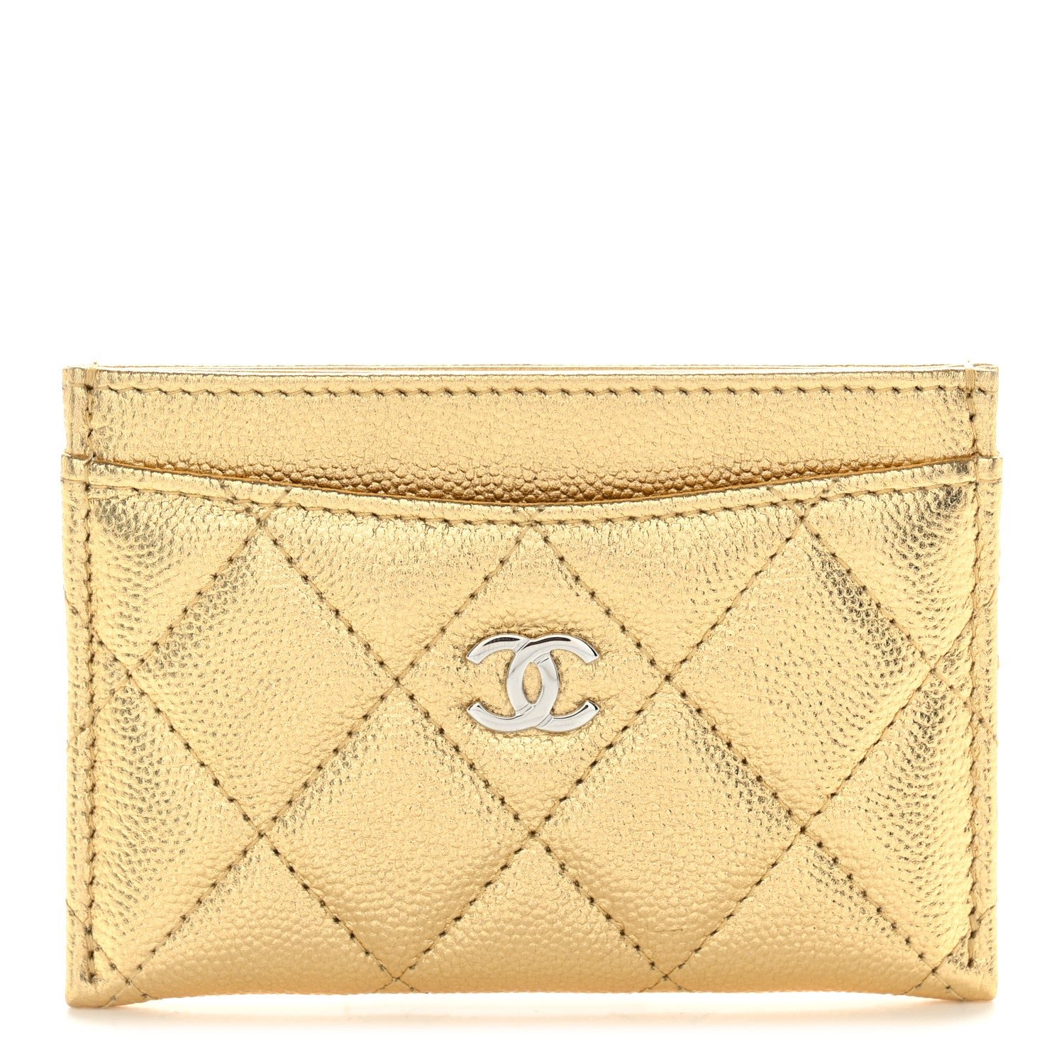 Chanel Metallic Caviar Quilted Card Holder Gold