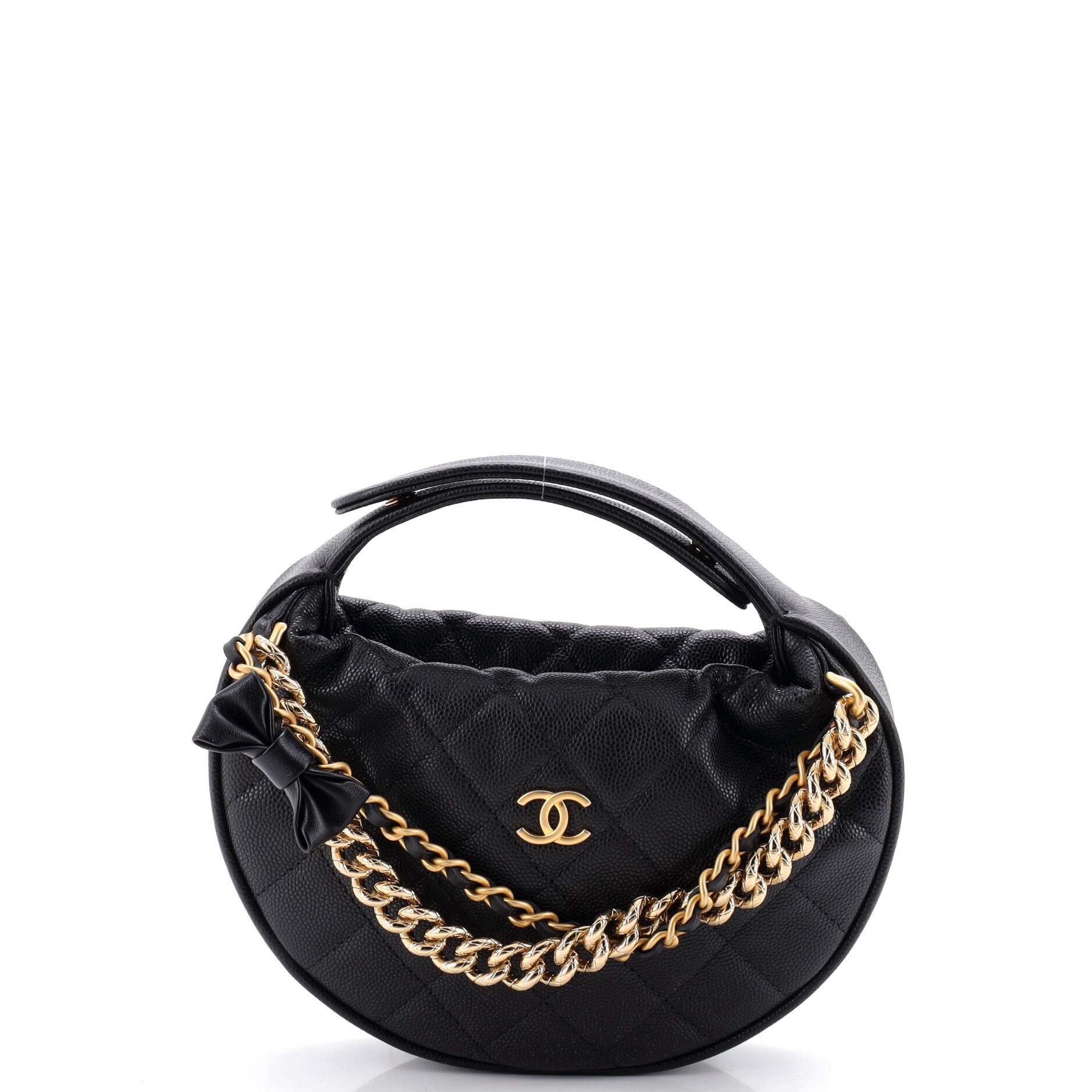 Double Chain Bow Hobo Pouch Quilted Caviar Mini