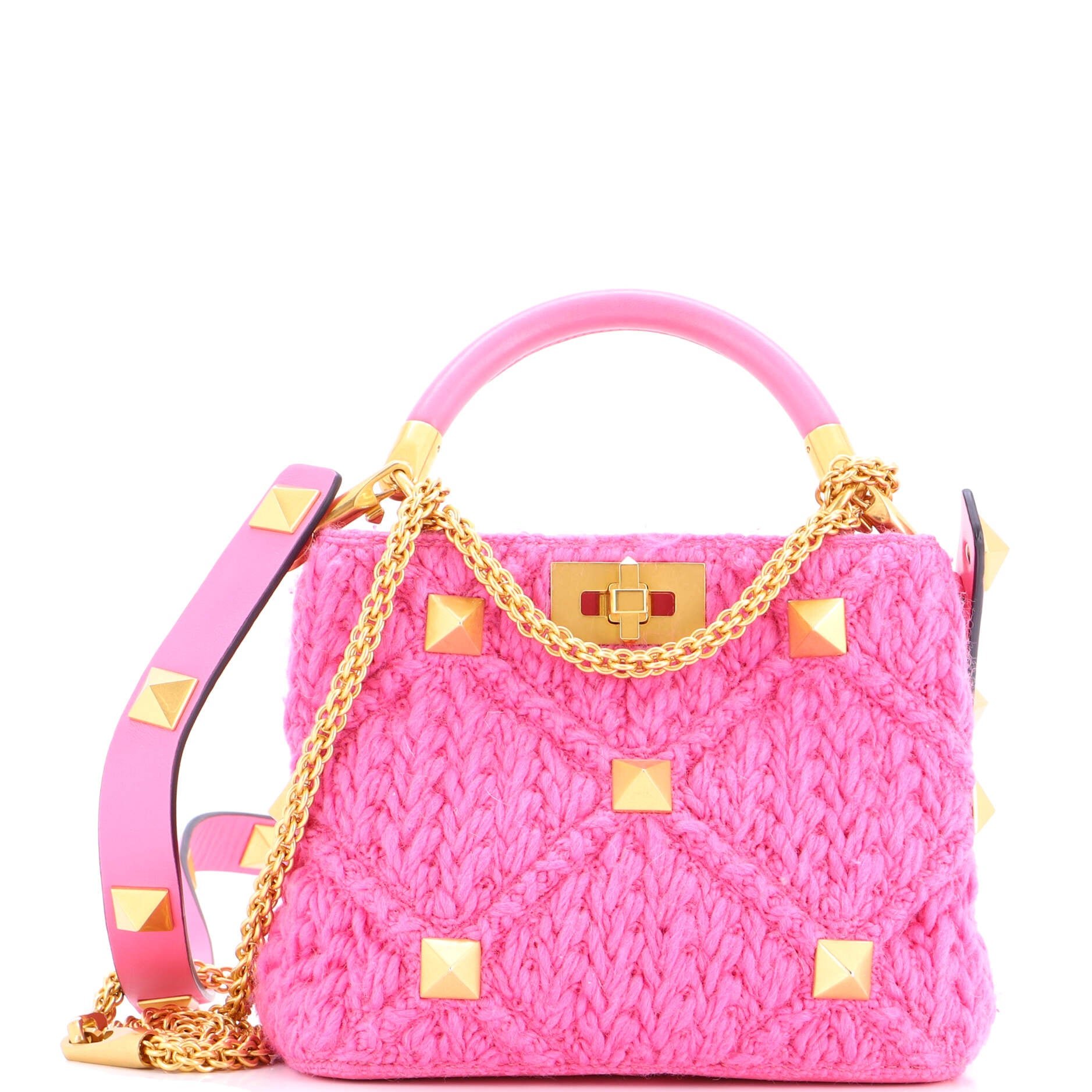 Valentino Garavani Roman Stud Top Handle Bag Woven Wool with Leather Small