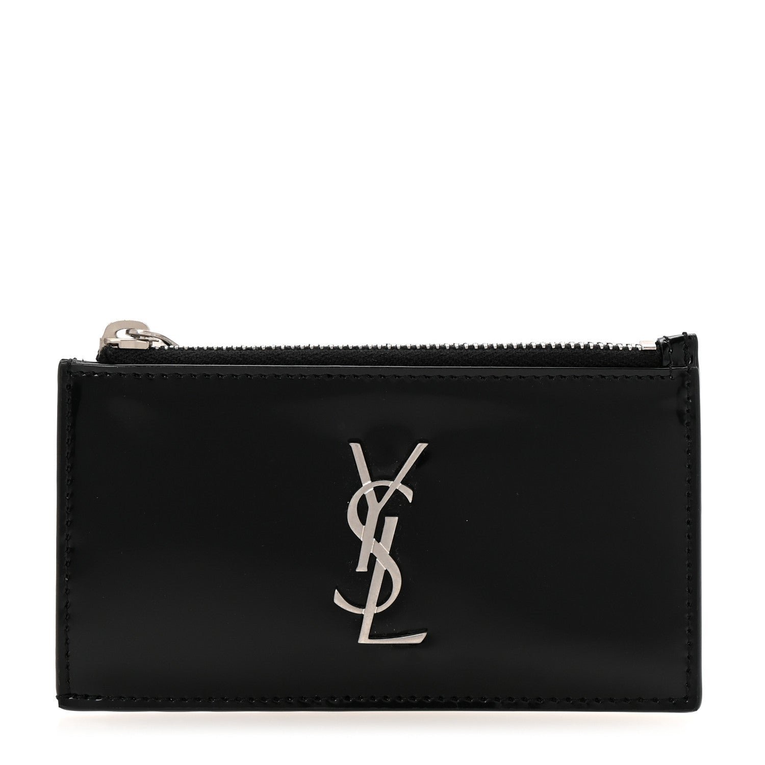 Saint Laurent Shiny Calfskin Monogram Fragments Zippered Card Case Black