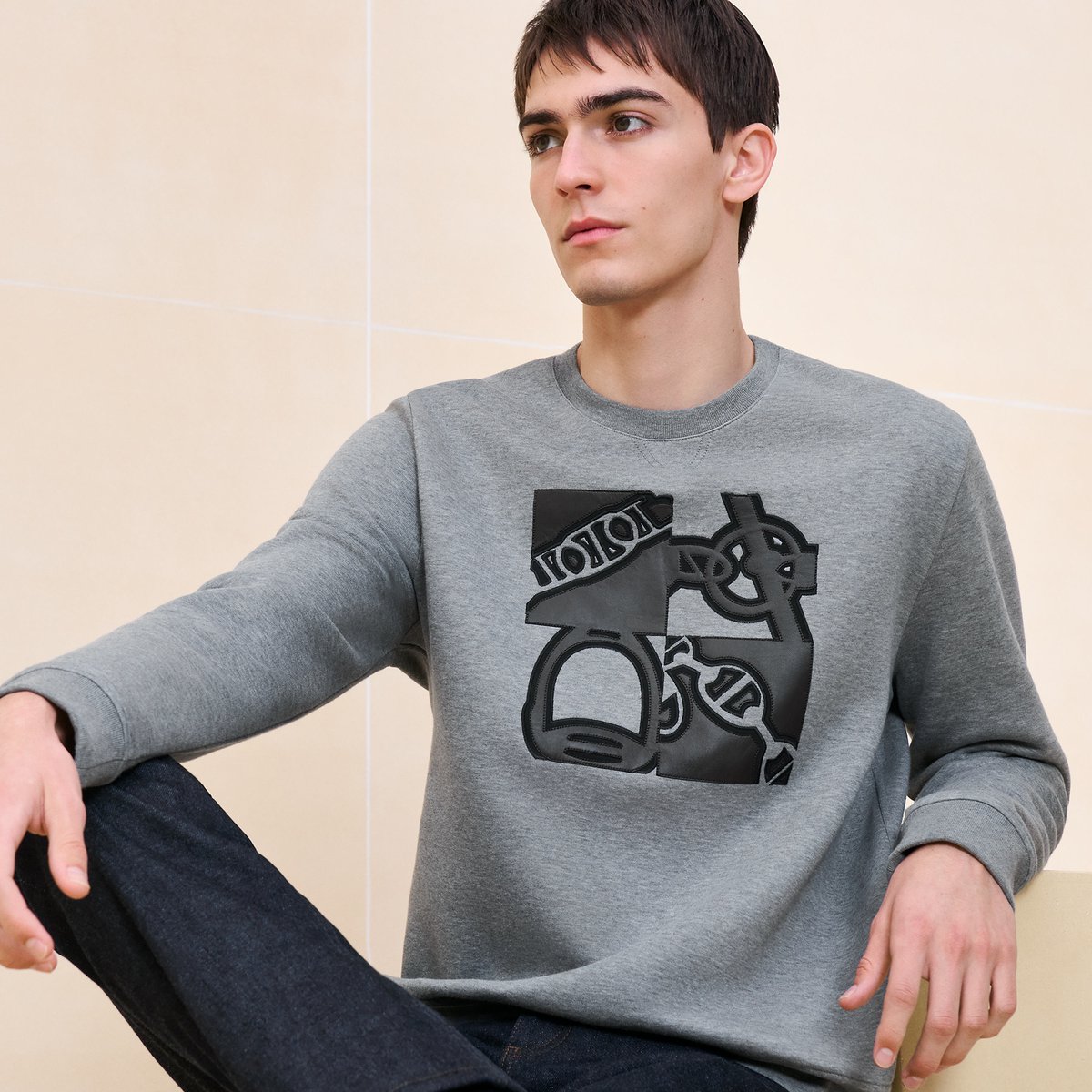 Gris "Metallerie Au Carre" Crewneck Sweater With Leather Detail