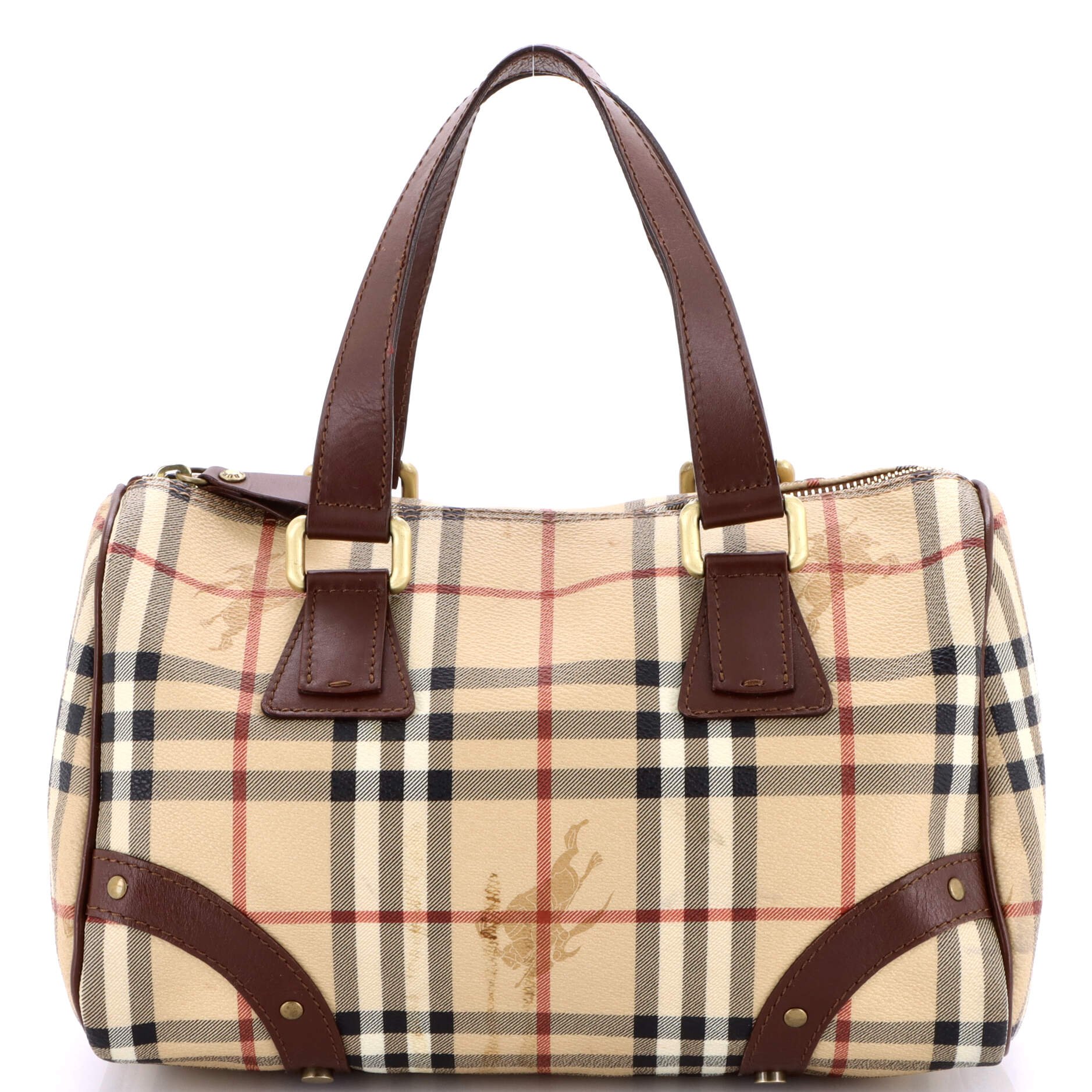 Burberry Vintage Boston Bag Haymarket Coated Canvas with Studded Leather Small