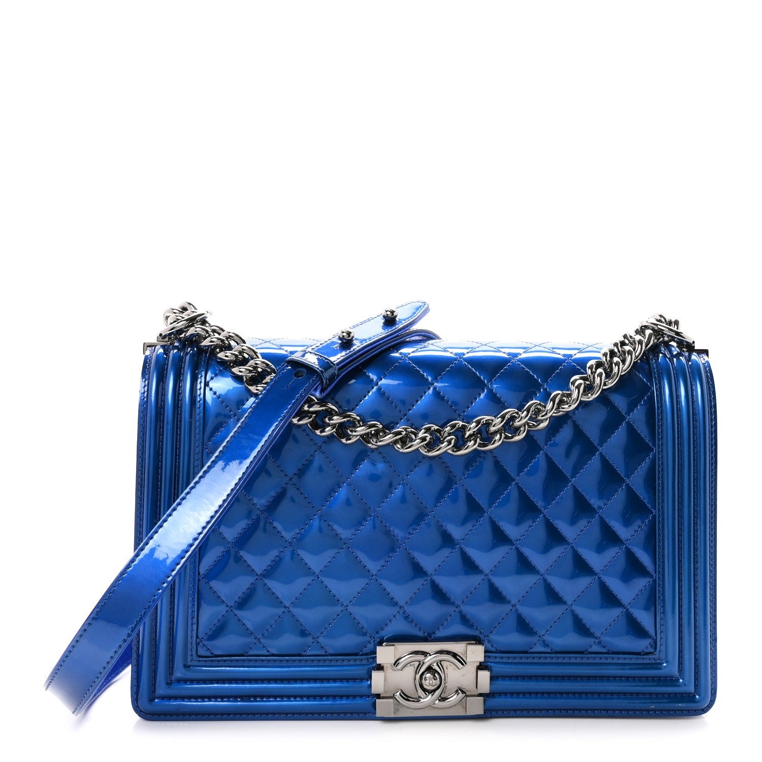 Chanel Metallic Patent Quilted New Medium Boy Flap Blue