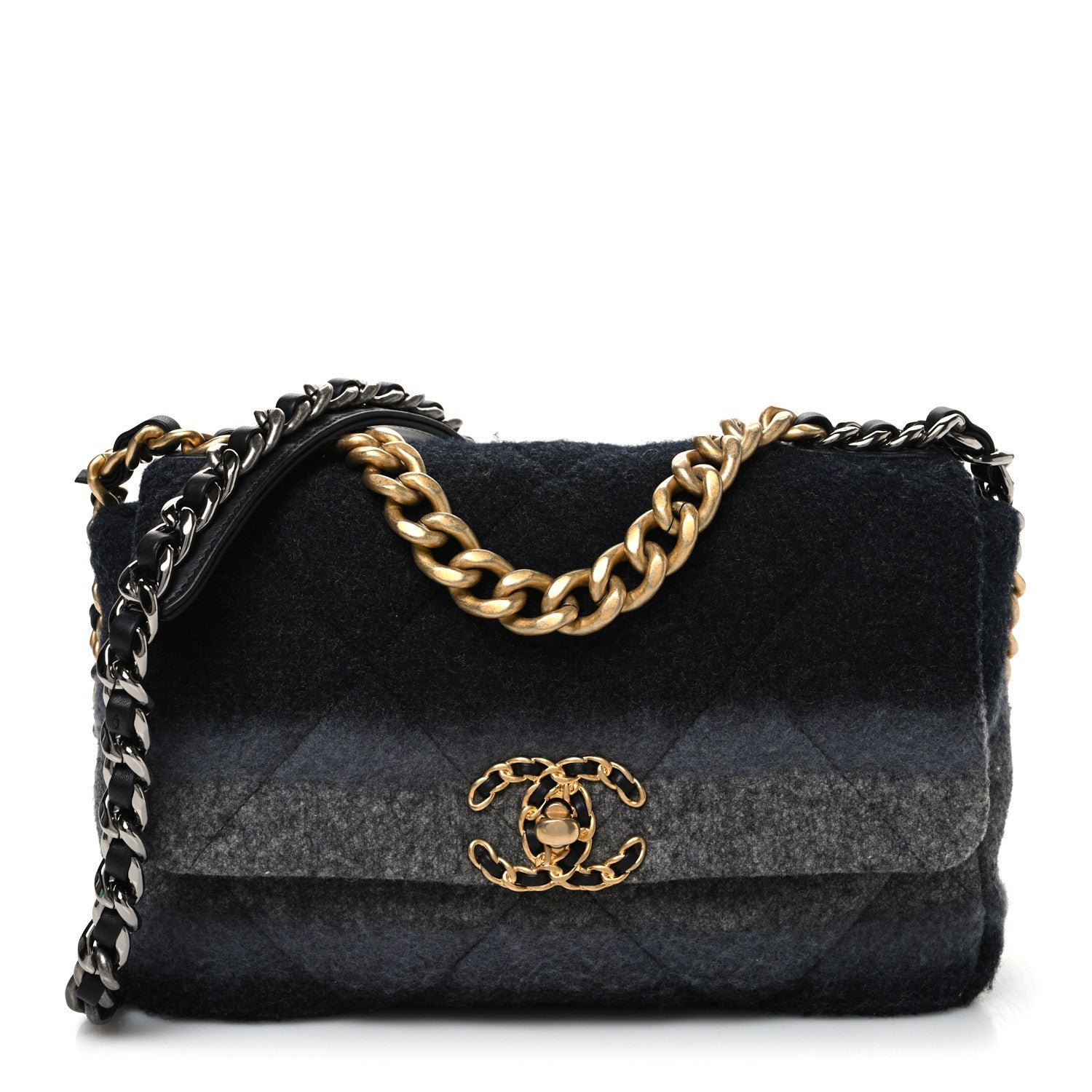 Chanel Wool Quilted Medium Chanel 19 Flap Black Grey