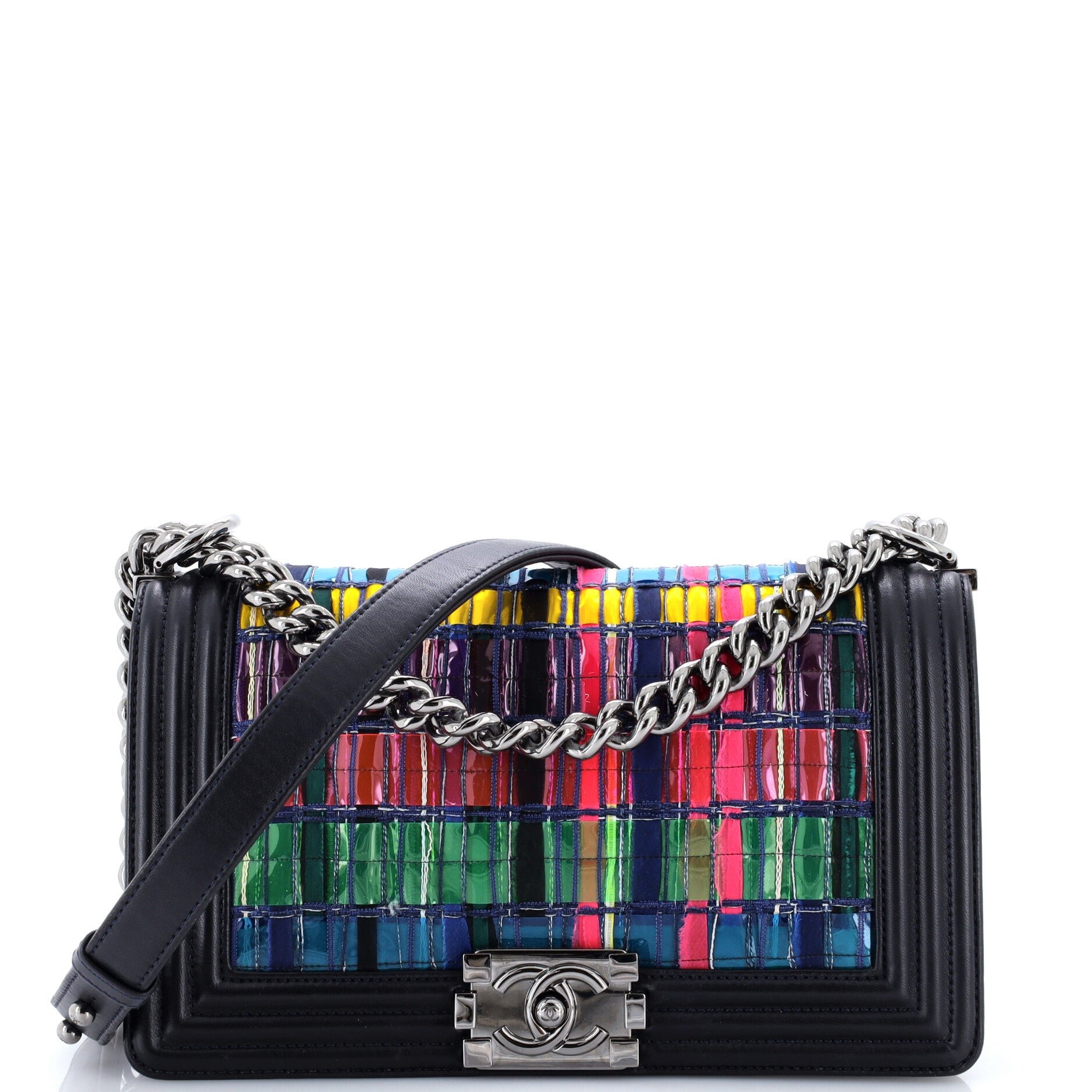 Boy Flap Bag Woven PVC with Lambskin Old Medium